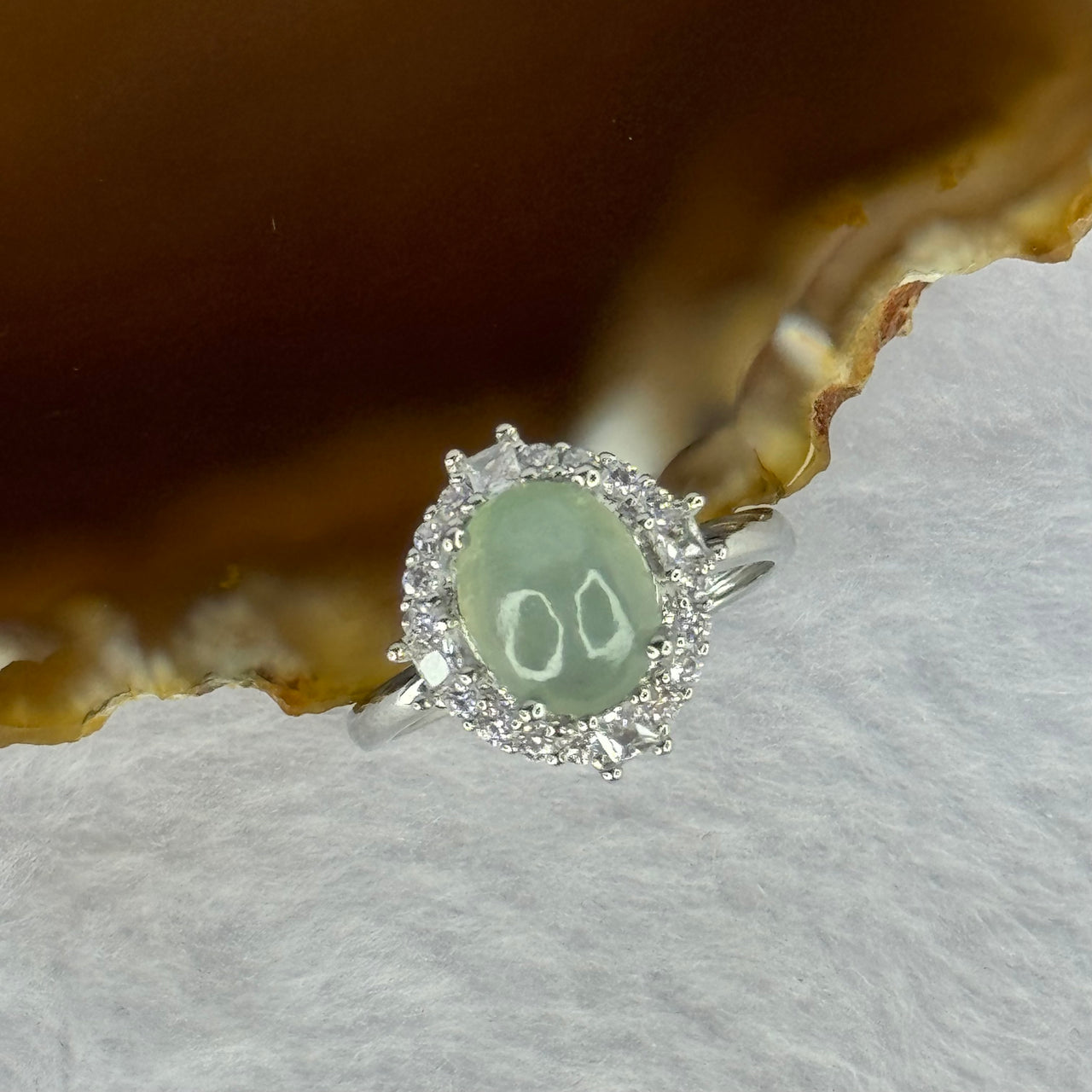 Type A Semi Icy Light Green Jadeite with Crystals in S925 Sliver Ring (Adjustable Size) 2.86g 9.3 by 7.4 by 5.0mm - Huangs Jadeite and Jewelry Pte Ltd