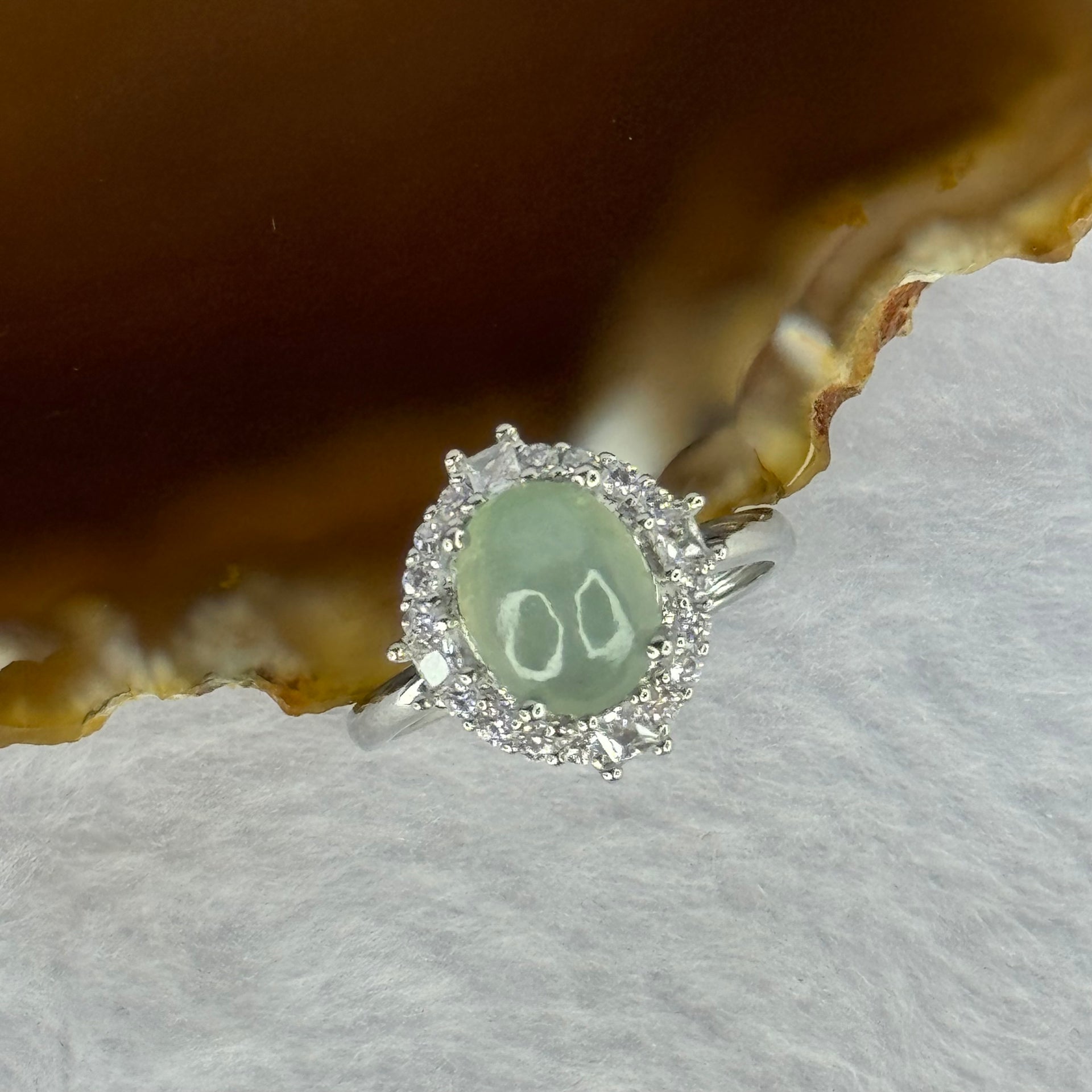 Type A Semi Icy Light Green Jadeite with Crystals in S925 Sliver Ring (Adjustable Size) 2.86g 9.3 by 7.4 by 5.0mm - Huangs Jadeite and Jewelry Pte Ltd