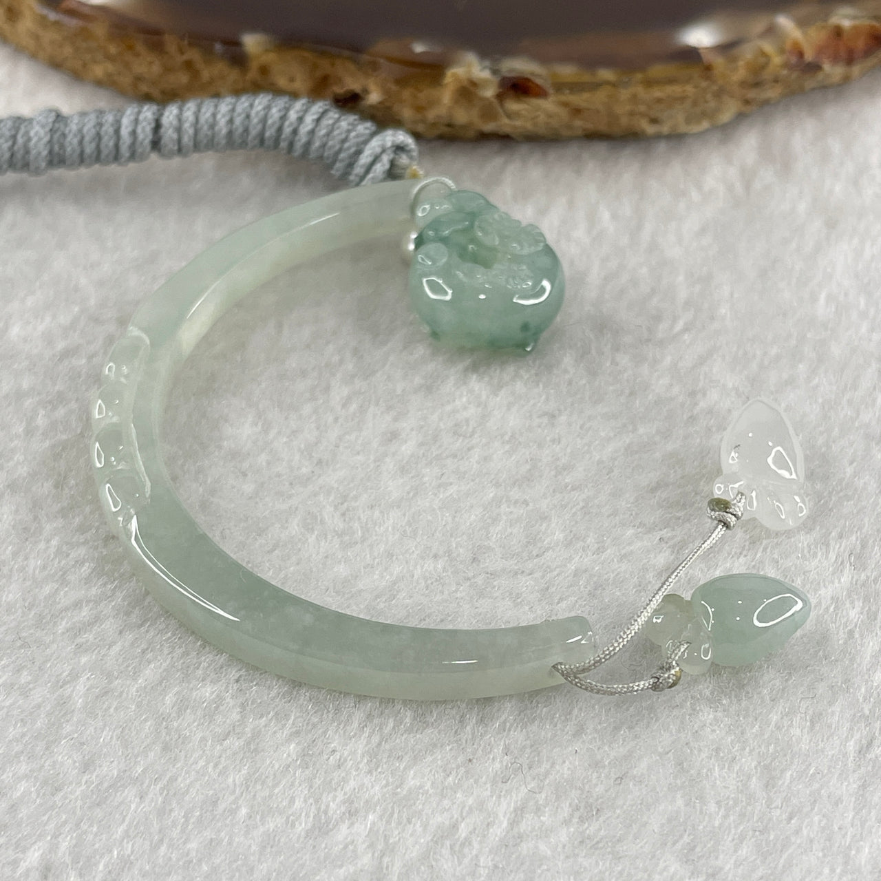 Natural Type A Semi Icy Light Green Jadeite Moon with Rabbit and Flower on Ping An Kou and Carrot Necklace 11.72g 17.2 by 13.6 by 8.6mm Ping An Kou - 56.7 by 4.4 by 5.5mm Moon