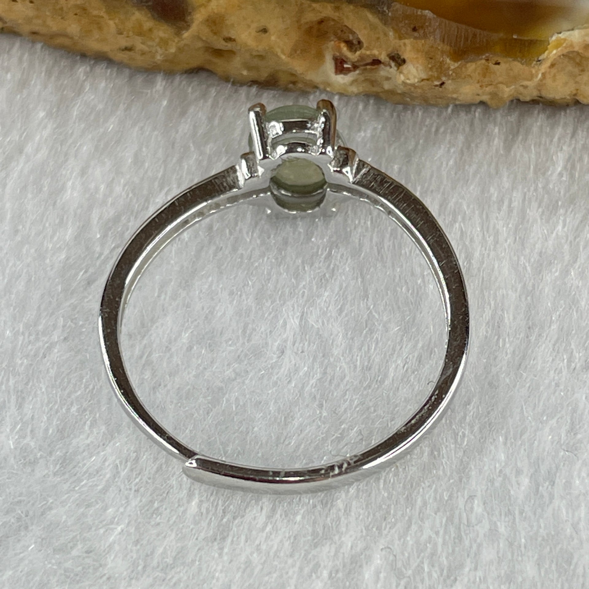 Natural Type A Semi Icy Faint Green Jadeite Oval Shape Cabouchon in S925 Silver Ring (Adjustable Size) 1.22g 7.2 by 5.0 by 2.0mm - Huangs Jadeite and Jewelry Pte Ltd