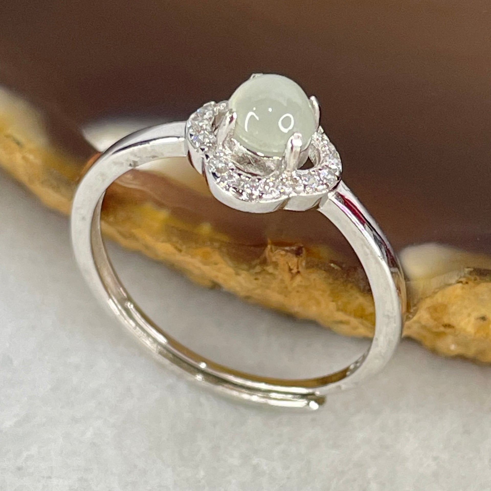 Type A Light Lavender Cabochon Jadeite in S925 Sliver Clover Ring (Adjustable Size) 1.15g 4.4 by 3.5mm - Huangs Jadeite and Jewelry Pte Ltd