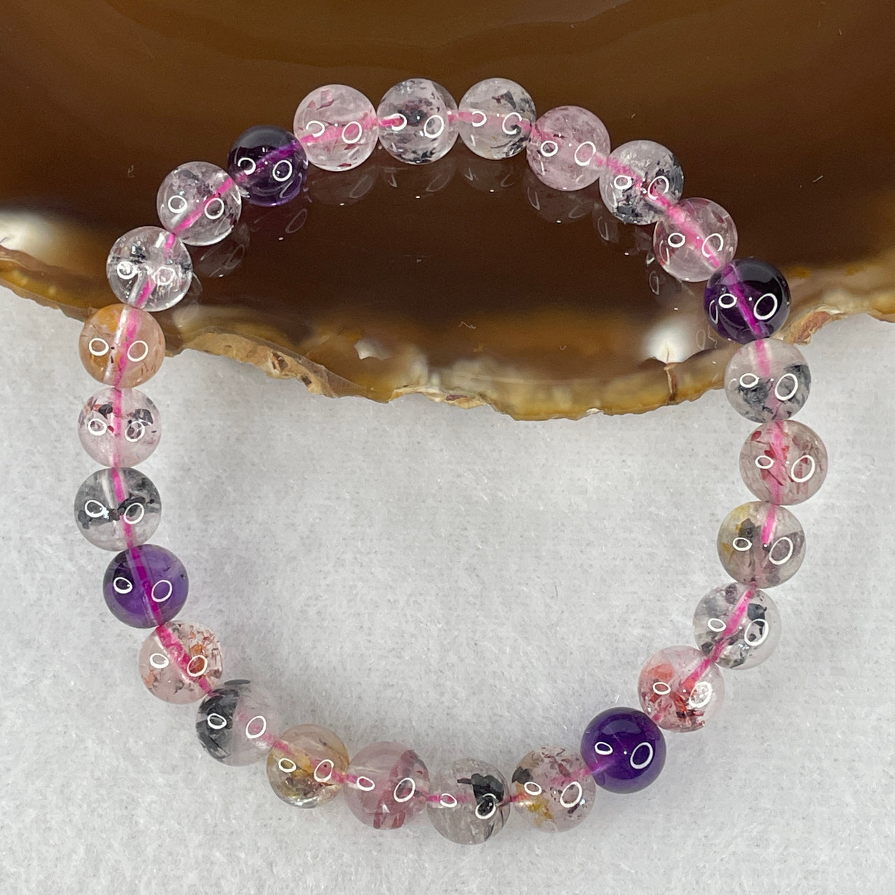 Certified Above-Average Grade Natural Super 7 Crystal Beads Bracelet | Fluid High-Clarity Petite Strand | Authentic Sacred Seven Multi-Mineral Inclusions Quartz Spiritual Catalyst & Auric Shield Bracelet (13.43g | 15.5cm Length | 7.3mm | 26 Beads)