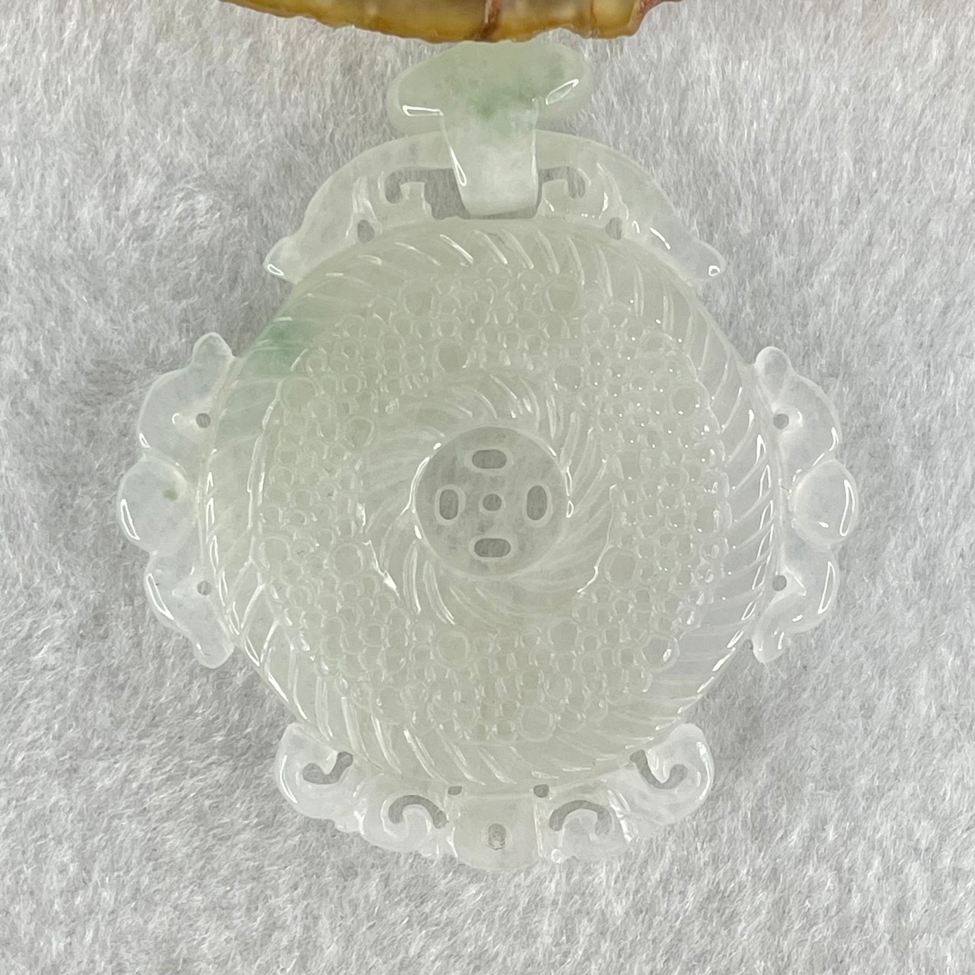 Type A Semi Icy White Jadeite Floral Ping An Kou Donut Pendant 19.53g 45.6 by 44.1 by 6.6mm - Huangs Jadeite and Jewelry Pte Ltd