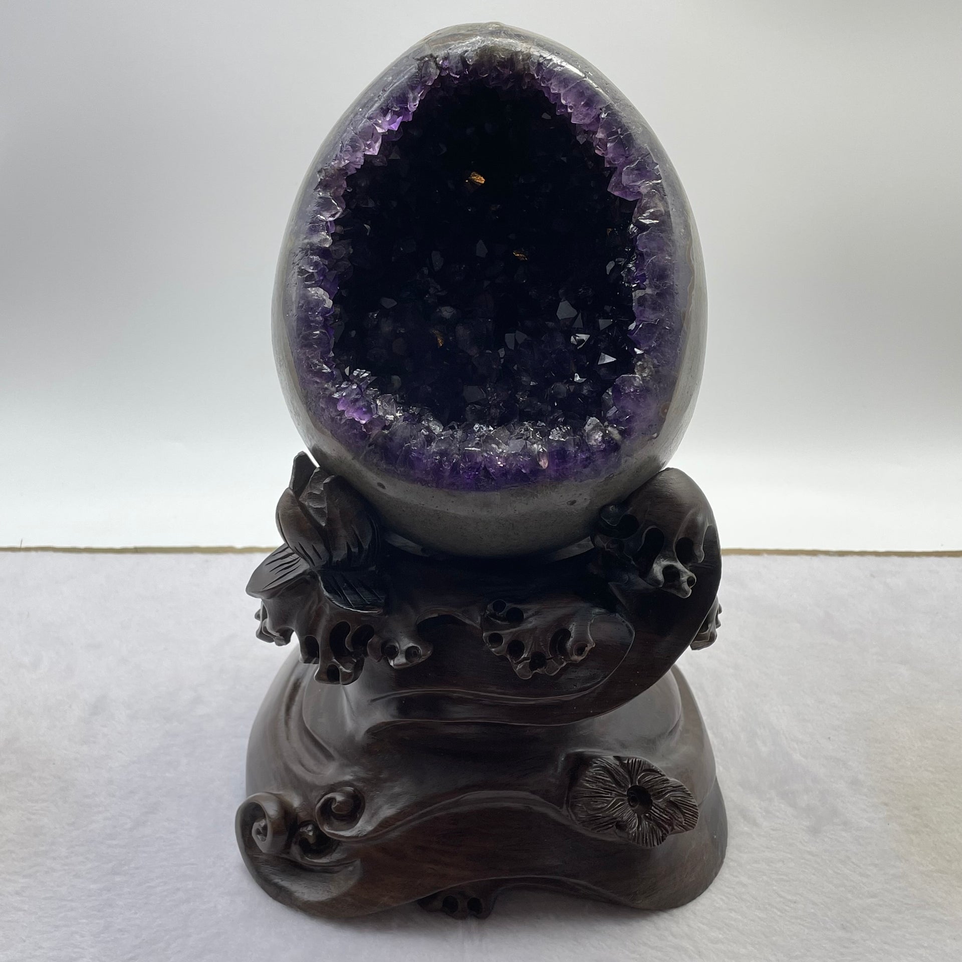 Natural Deep Purple Amethyst Egg with Wooden Stand Display Total 5,224.7g 170.0 by 165.0 by 265.0mm - Huangs Jadeite and Jewelry Pte Ltd