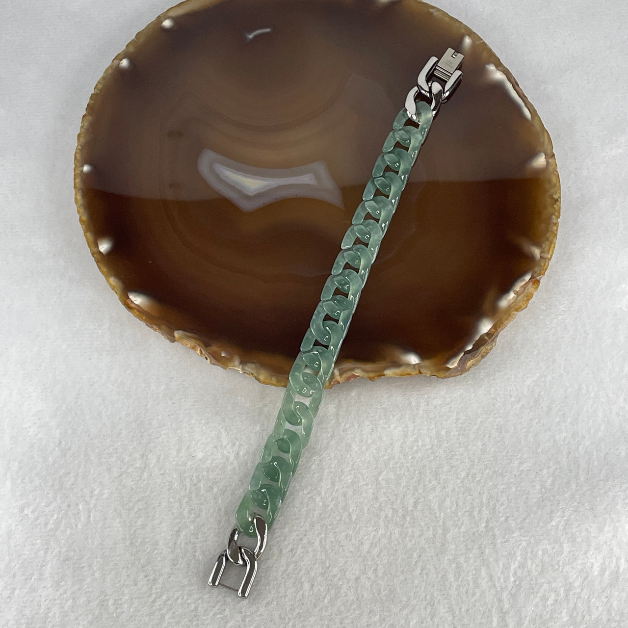 Certified Natural Type A Icy Blueish Green Jadeite Cuban Tennis Bracelet with Stainless Steel Clasp 21.36g Up to 17cm 11.6 by 3.4mm 16 Pcs