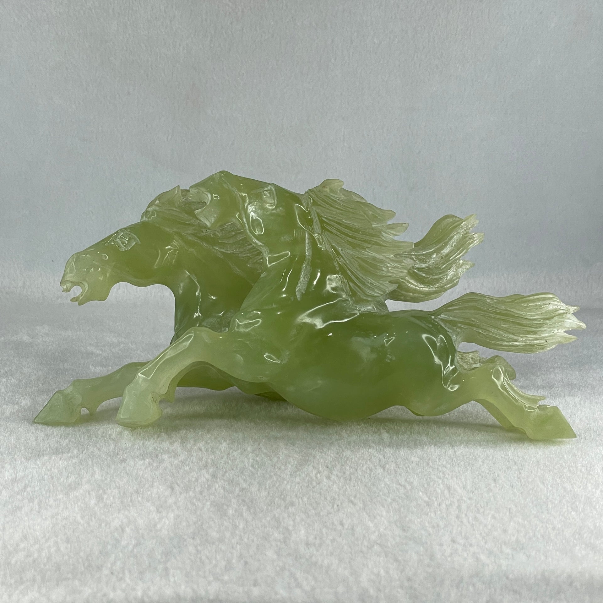 Natural Green Serpentine Double Horse with Wooden Stand Display 971.8g 220.0 by 104.5 by 115.0mm - Huangs Jadeite and Jewelry Pte Ltd