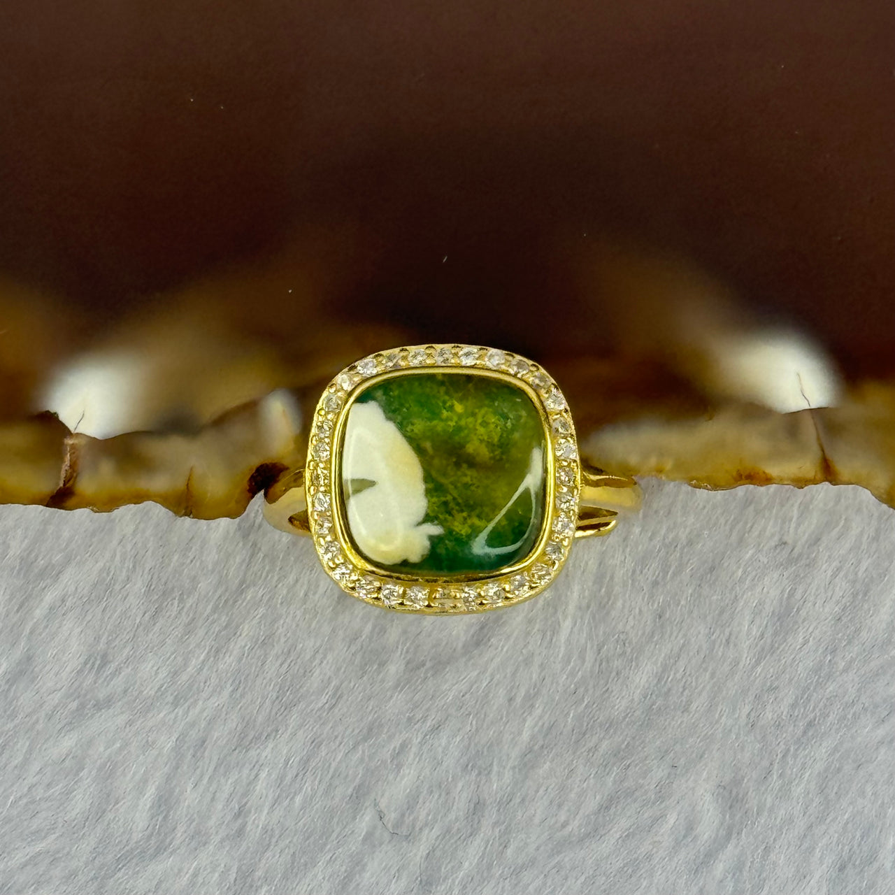 Natural Green Amber with Milk Inclusions in S925 Sliver Gold Color Ring (Adjustable Size) 2.26g 8.9 by by 2.5mm - Huangs Jadeite and Jewelry Pte Ltd