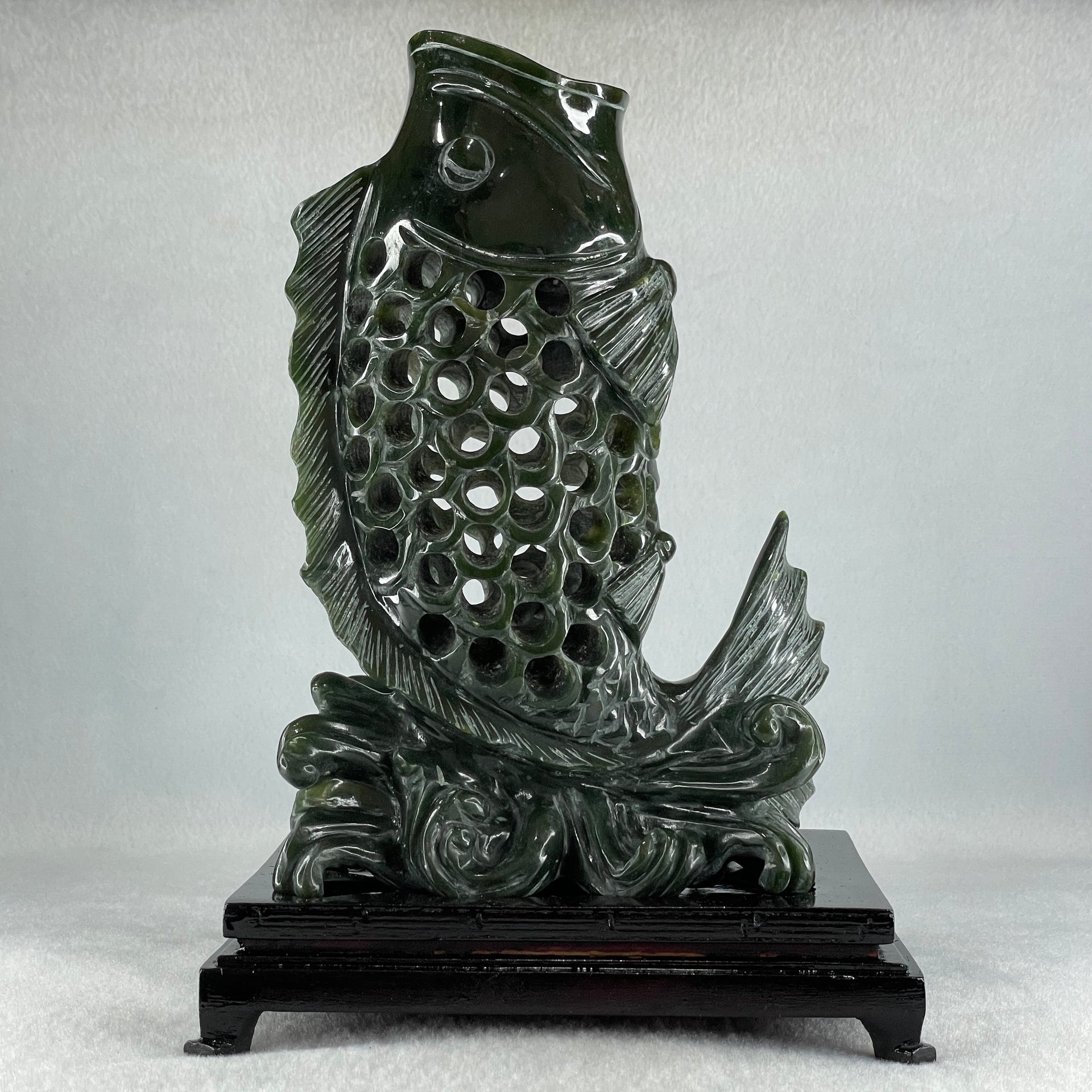 Natural Dark Green Serpentine Carp Fish with Wooden Stand Display 1,215.0g 160.0 by 120.0 by 230.0mm - Huangs Jadeite and Jewelry Pte Ltd