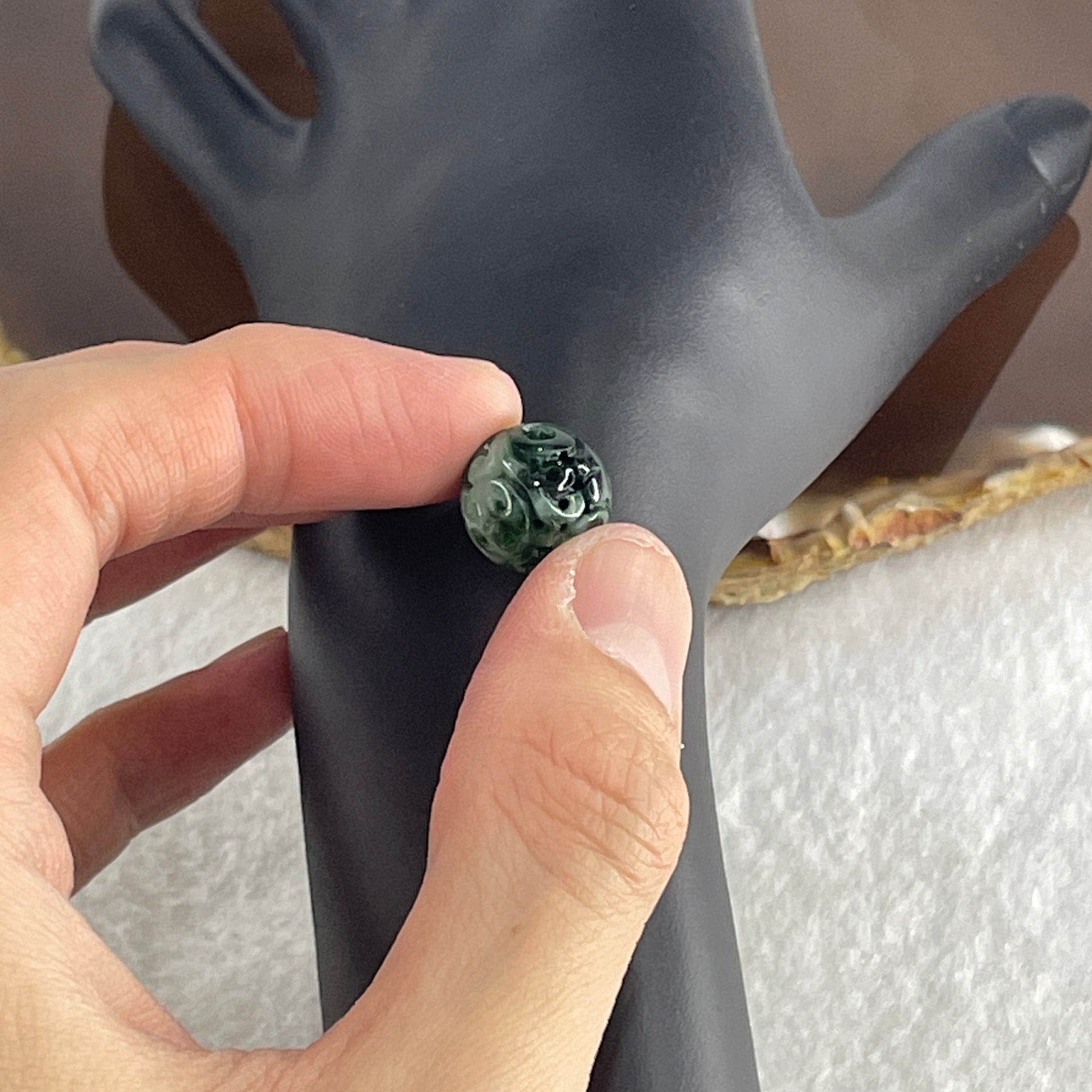 Natural Type A Lao Keng Old Mine Green with Light Green Jadeite Flora Carving Bead Charm 1.91g 12.5mm - Huangs Jadeite and Jewelry Pte Ltd