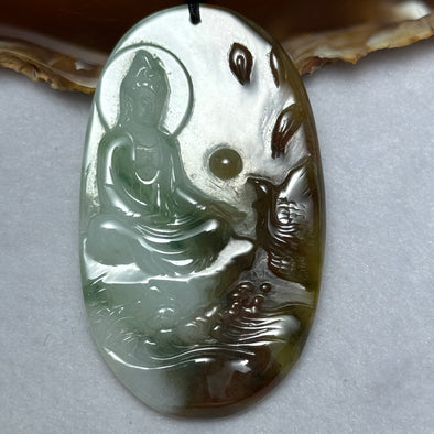 Grandmaster Certified Type A Green Lavender and Brown Jadeite Guan Yin and Phoenix Pendent 44.43g 68.7 by 41.2 by 6.3mm