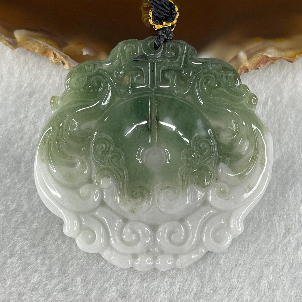 Natural Type A Light Lavender with Blueish Green Jadeite Dragon Phoenix Ping An Kou Pendant 40.99g 49.8 by 52.1 by 6.8mm