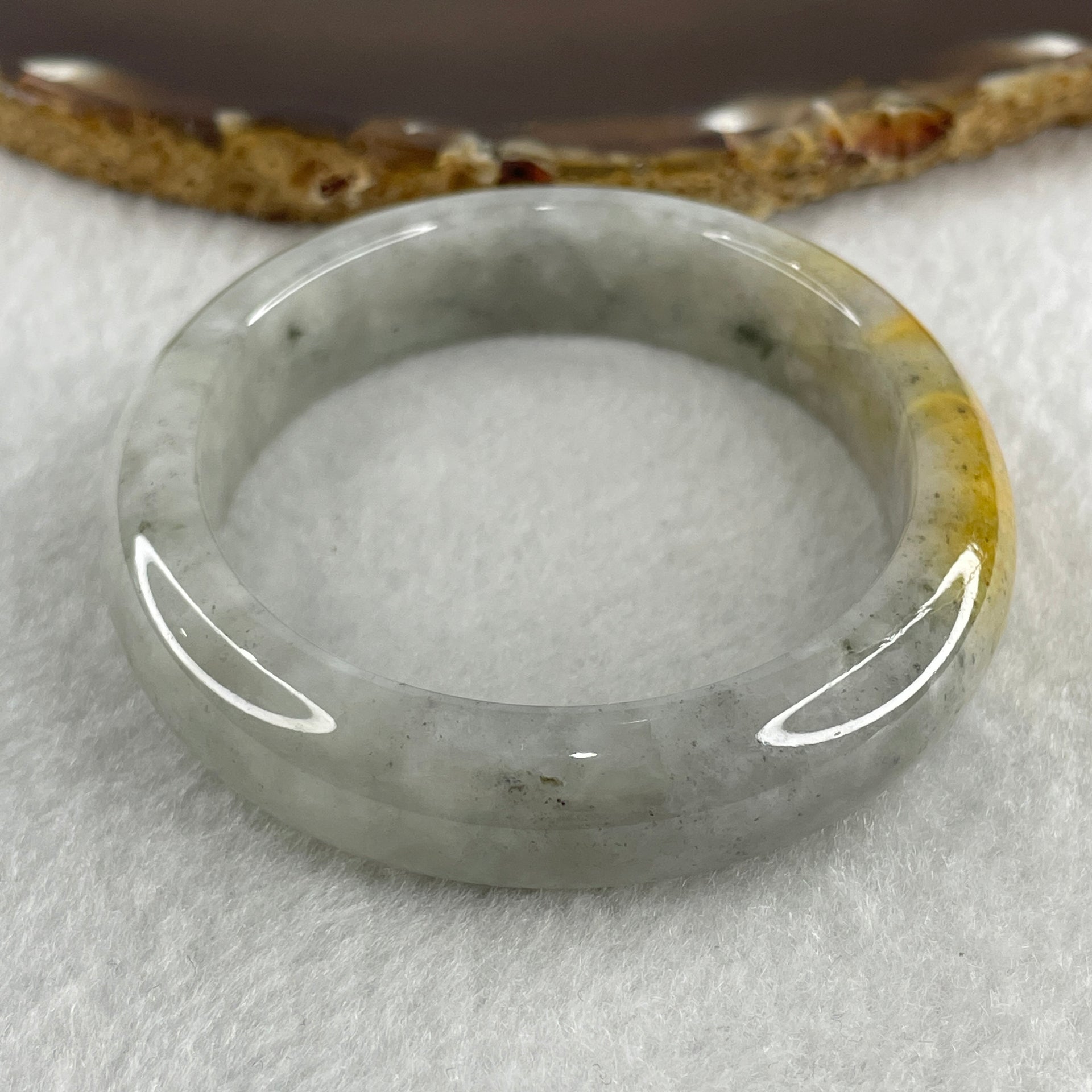 Type A Green Wuji Grey with Yellow Patches Jadeite Oval Bangle Internal Diameter 55.7mm 50.82g 12.7 by 7.7mm ( Slight External Line ) - Huangs Jadeite and Jewelry Pte Ltd