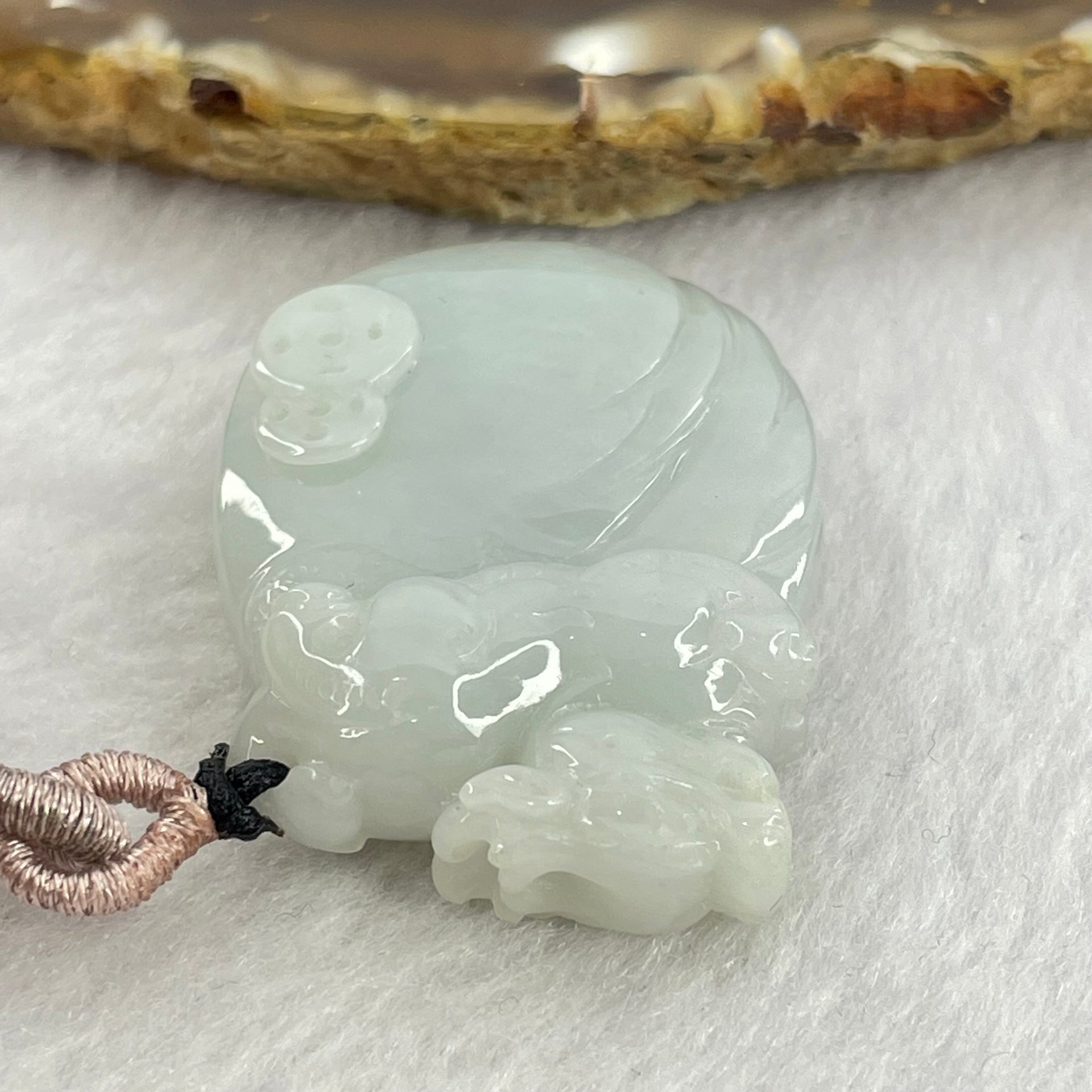 Type A Faint Lavender Green Jadeite Pixiu on Money Bag and Coins Pendent 22.16g 38.1 by 27.4 by 10.3mm - Huangs Jadeite and Jewelry Pte Ltd