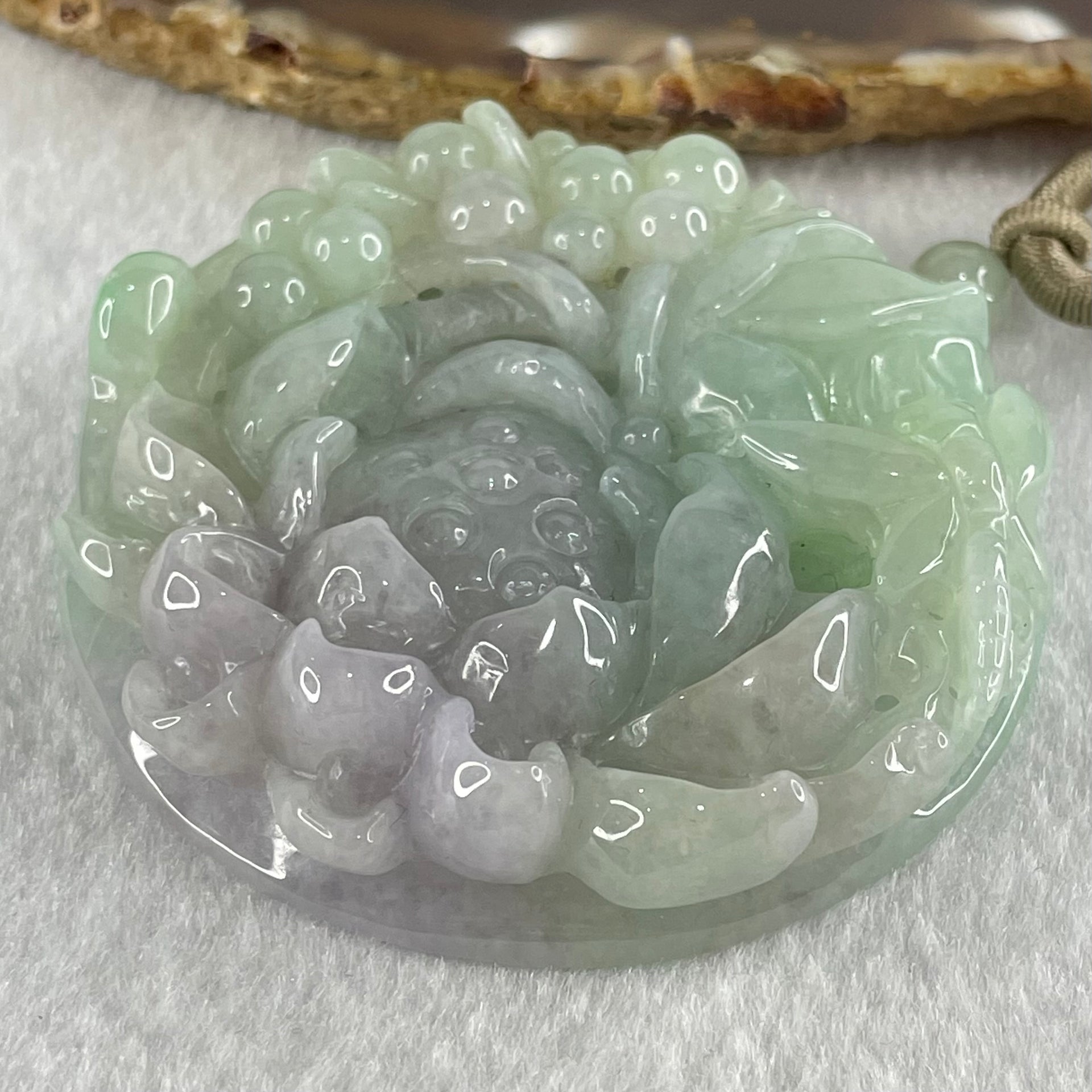Grandmaster Type A Blueish Green and Lavender Jadeite Insect And Flower Pendant 和和美美 79.16g 58.1 by 58.1 by 13.5mm - Huangs Jadeite and Jewelry Pte Ltd