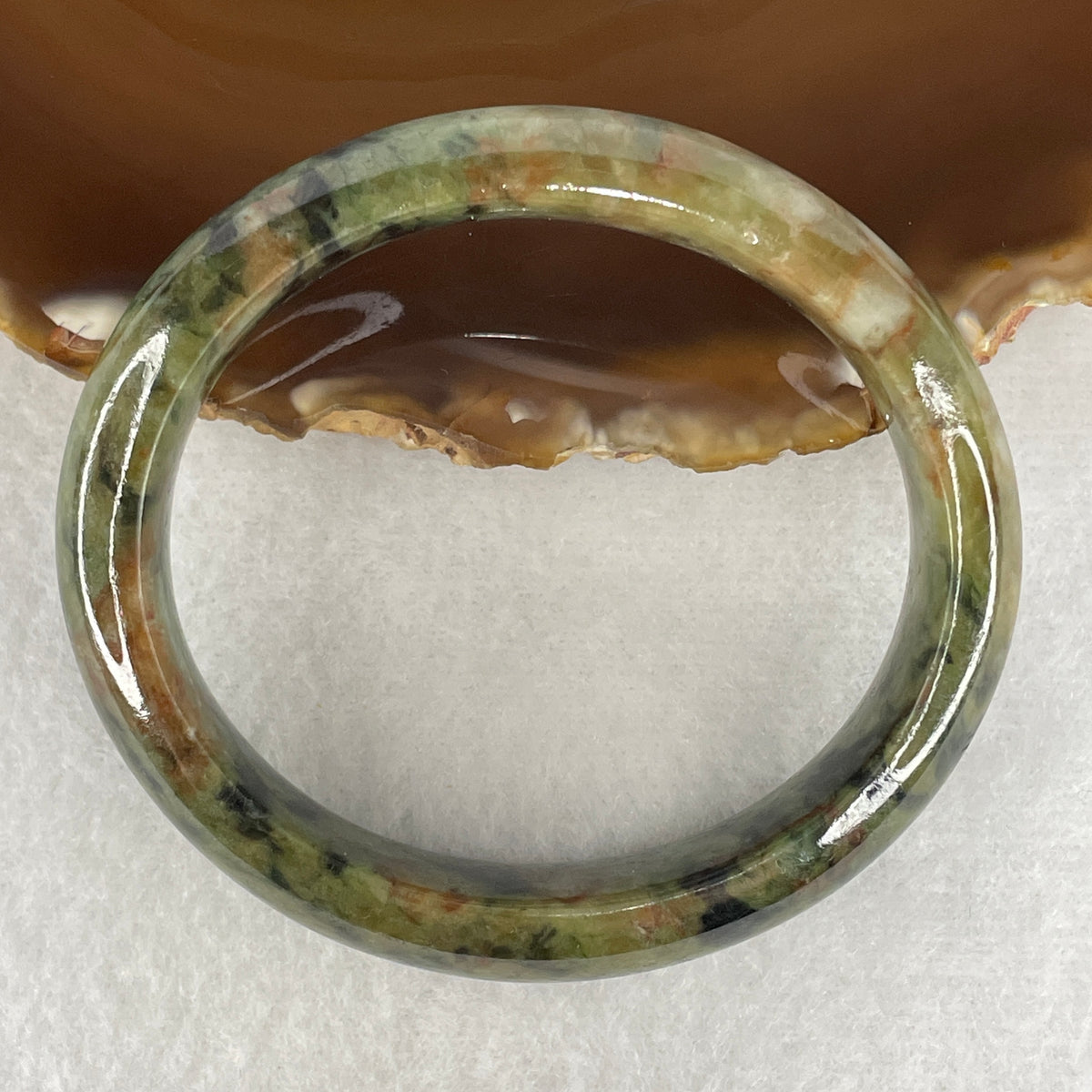 Natural Type A Jadeite Bangle | Oval Guifei Dark Green & Earthy Brown Piao Hua (50.08g | 54.4mm Inner Diameter | 13.4 x 7.8mm) (External Rough, Internal Line)