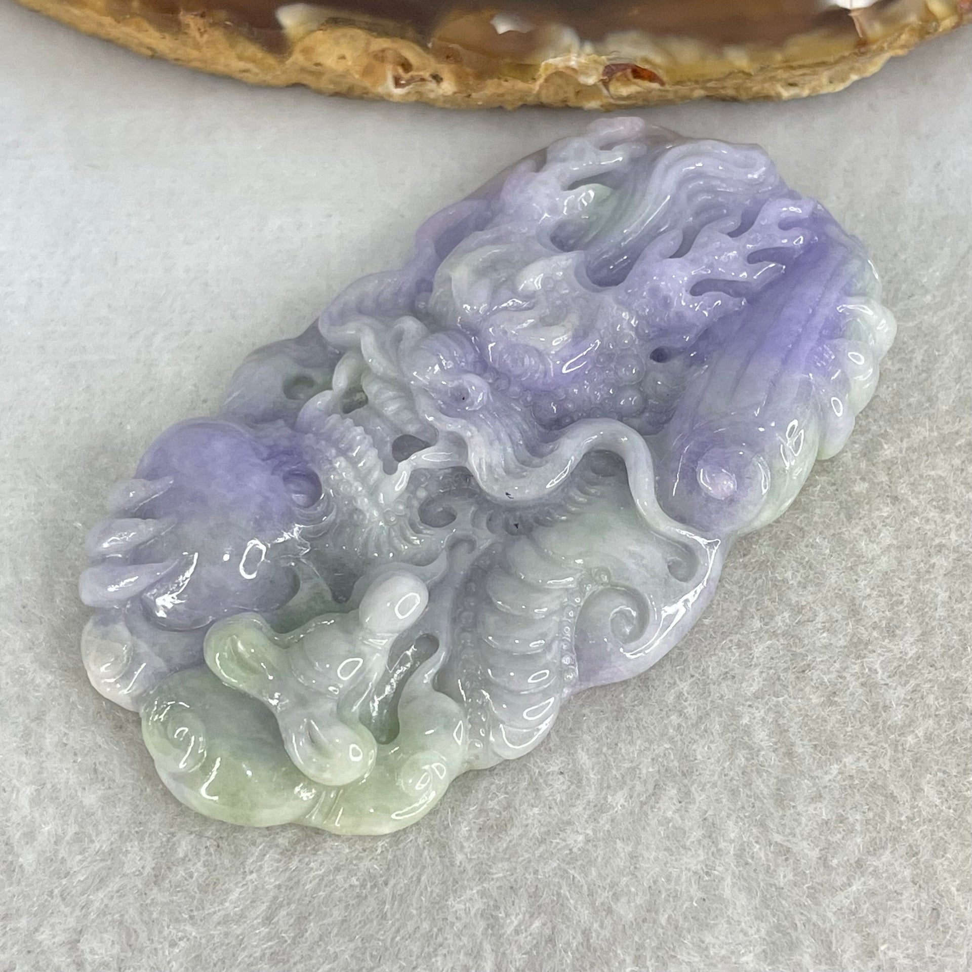 Type A Bright Intense Lavender Green Jadeite Double Sided Dragon with Benefactor Pendant 39.73g 65.0 by 37.4 by 9.8mm - Huangs Jadeite and Jewelry Pte Ltd