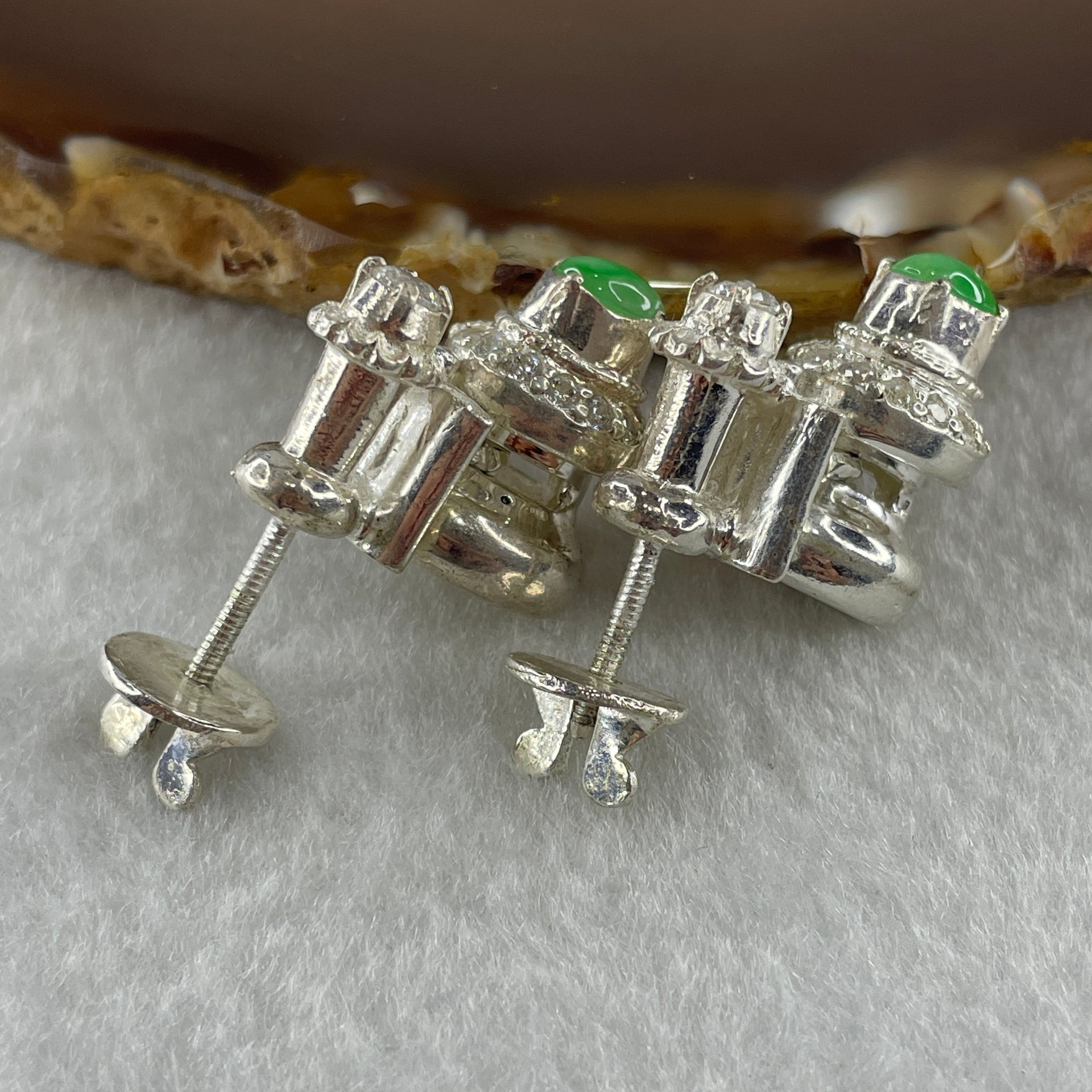 Type A Natural Semi Icy Green Jadeite Cabochon 6.2 by 5.5 by 2.5m Stone for Setting 22.45g (On Silver Earrings Mold) - Huangs Jadeite and Jewelry Pte Ltd