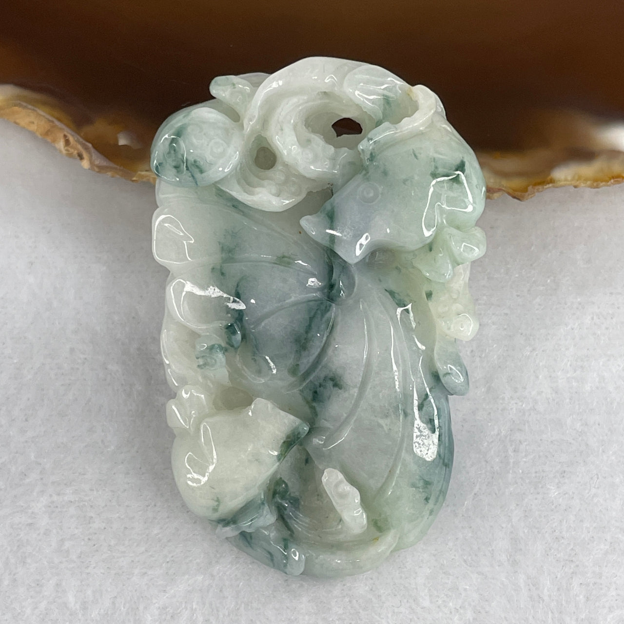 Natural Type A Light Green & Blueish Green Piao Hua Jadeite Double Fish on Lotus Leaf & Ruyi Pendant | 100% Untreated Abundance Motif | Statement Fei Cui Jade Pendant (39.68g | 57.0 × 37.4 × 12.0mm)