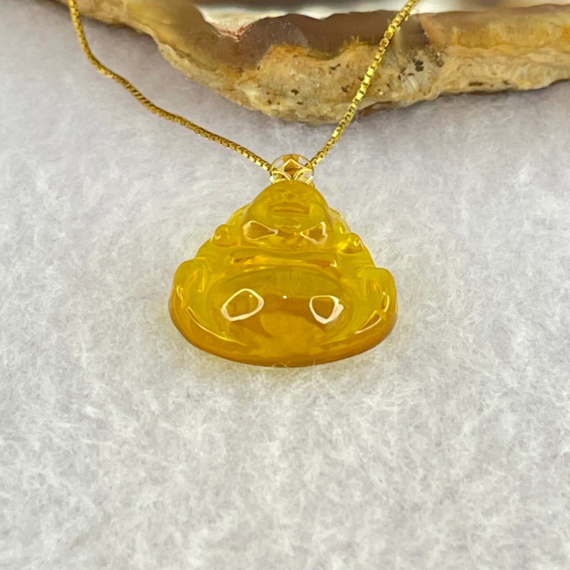 18K Yellow Gold Natural Cognac Amber Milo Buddha Pendent in S925 Sliver Gold Color Necklace 2.05g 18.6 by 17.1 by 5.9mm - Huangs Jadeite and Jewelry Pte Ltd