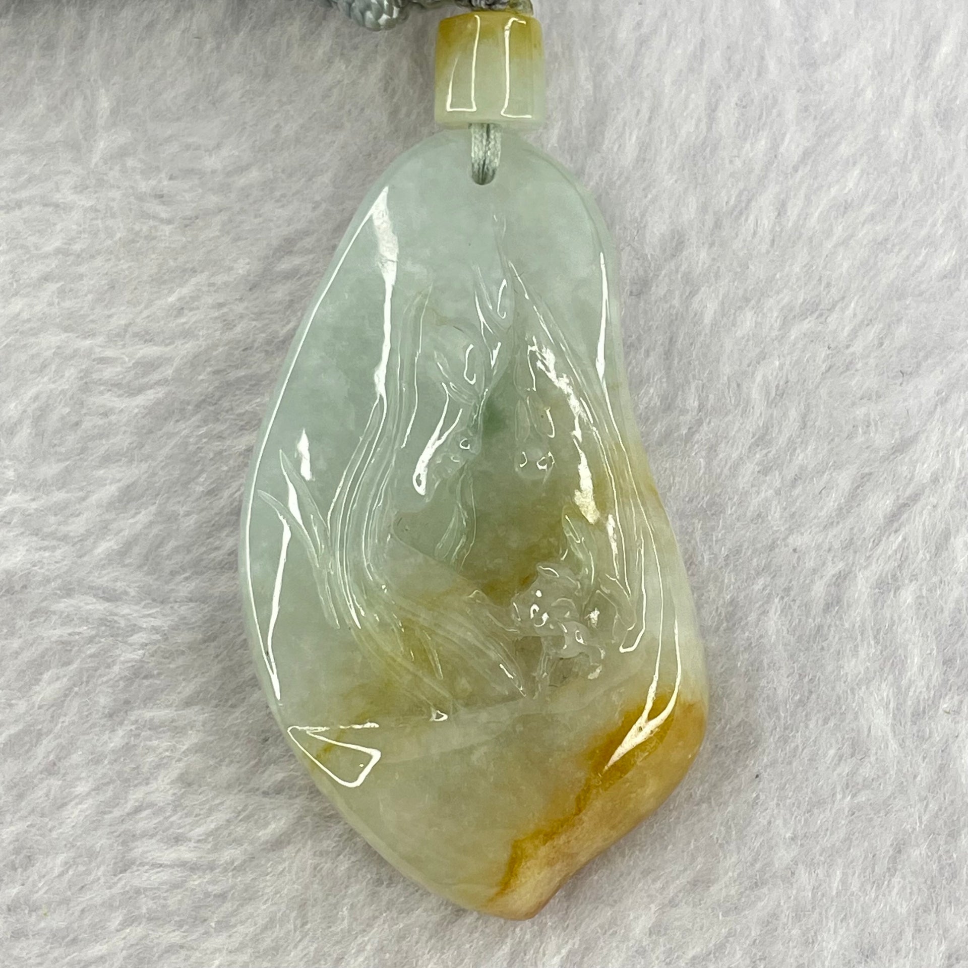 Type A Green  Yellow Lavender Jadeite Guan Yin with Lotus Flower Pendant 35.08g 52.1 by 29.4 by 10.3mm - Huangs Jadeite and Jewelry Pte Ltd