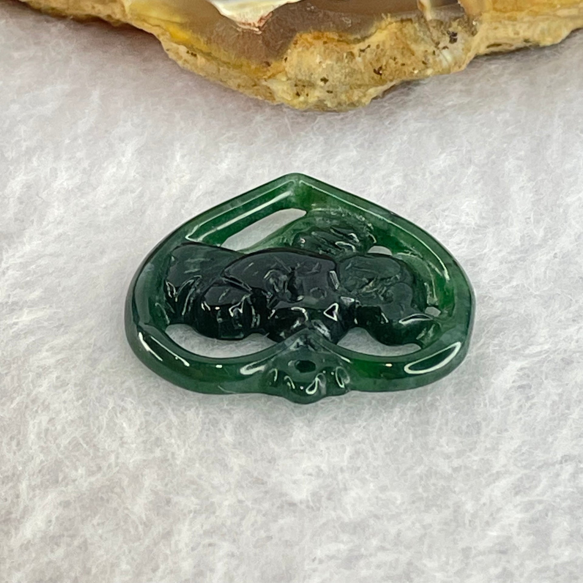 Type A Dark Blueish Green Jadeite Heart Shape with Twin Ducks Pendant for Better Relationship and Love 2.17g 24.5 by 21.7 by 3.0mm - Huangs Jadeite and Jewelry Pte Ltd