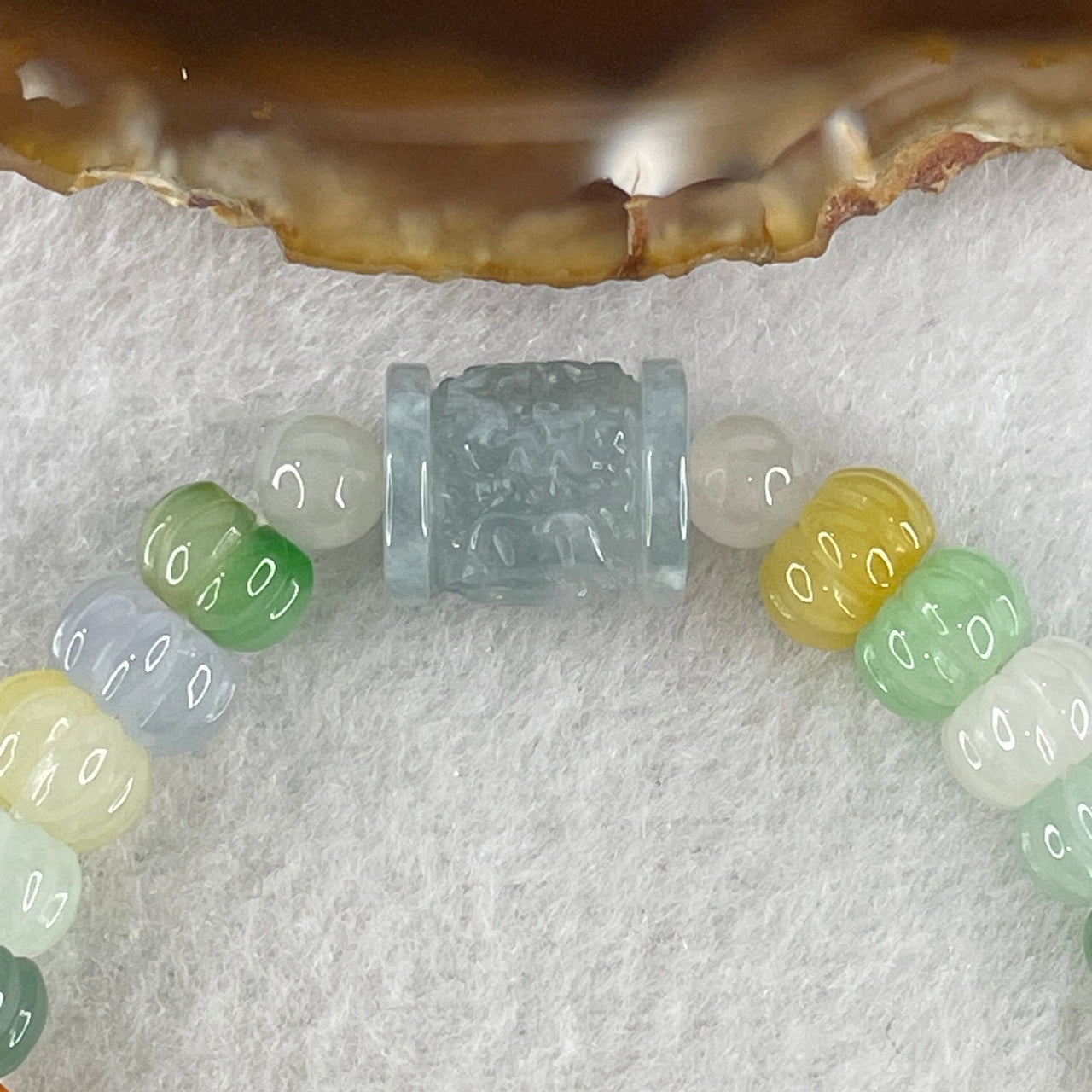 Certified Natural Type A Muti Color Green Lavender Brownish Jadeite Pumpkin Beads  with Lulutong Bracelet 24.62g 16cm 8.7mm 39 Beads - Lulutong 13.1 by 11.1mm - Huangs Jadeite and Jewelry Pte Ltd