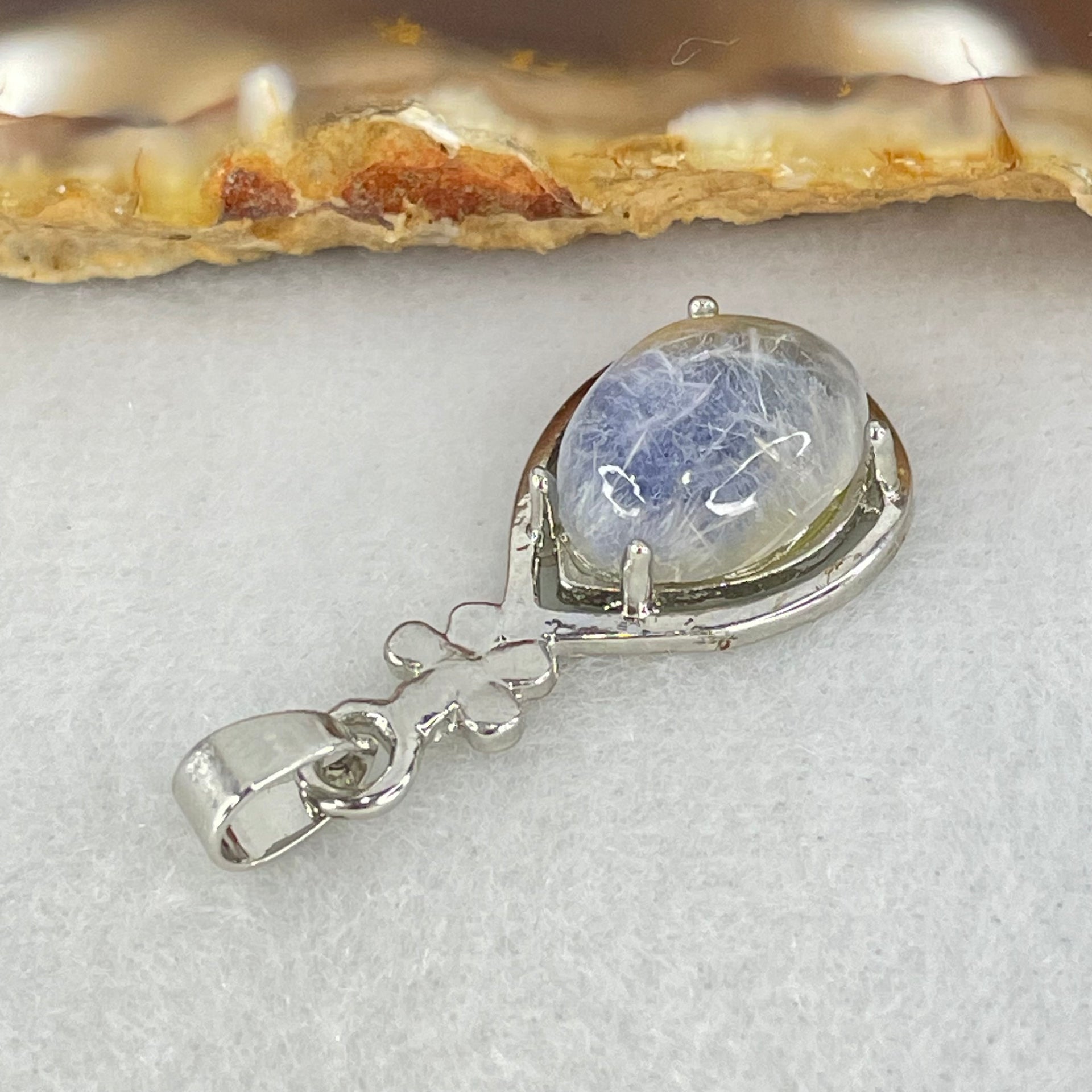 Good Grade Rare Natural Blue Dumortierite Rutilated Quartz in S925 Pendant 2.58g 12.2 by 9.7 by 5.5mm - Huangs Jadeite and Jewelry Pte Ltd