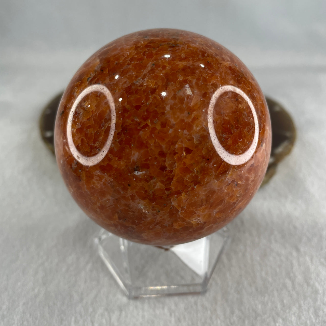 Natural Orange Calcite Ball with Clear Acrylic Display 545.43g 72.0 by 91.0mm - Huangs Jadeite and Jewelry Pte Ltd