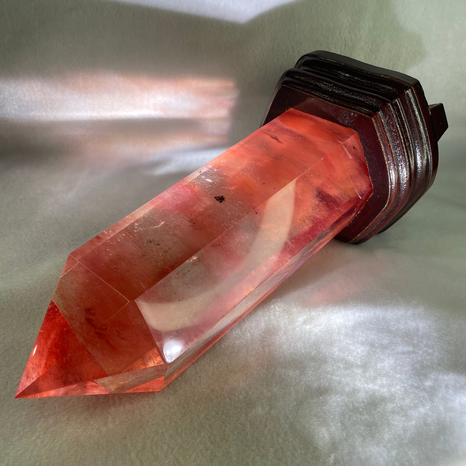 Cherry Quartz Tower with Wooden Stand Display 1733.9g 120.0 by 111.0 by 250.0mm - Huangs Jadeite and Jewelry Pte Ltd