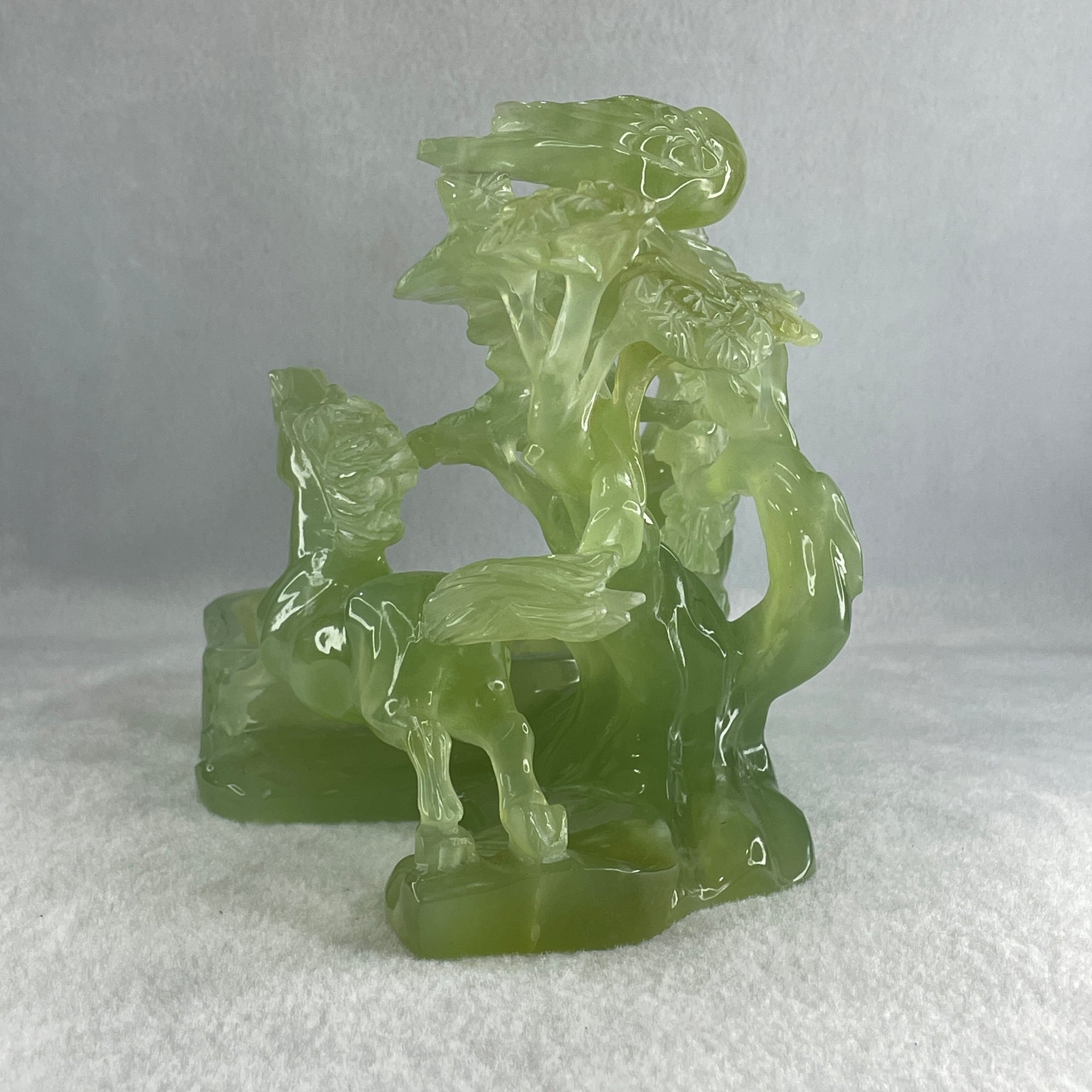 Natural Green Serpentine Double Horses with Twin Birds on Tree and Pond Display 1,254.1g L243.0 by B135.0 by H146.0mm - Huangs Jadeite and Jewelry Pte Ltd