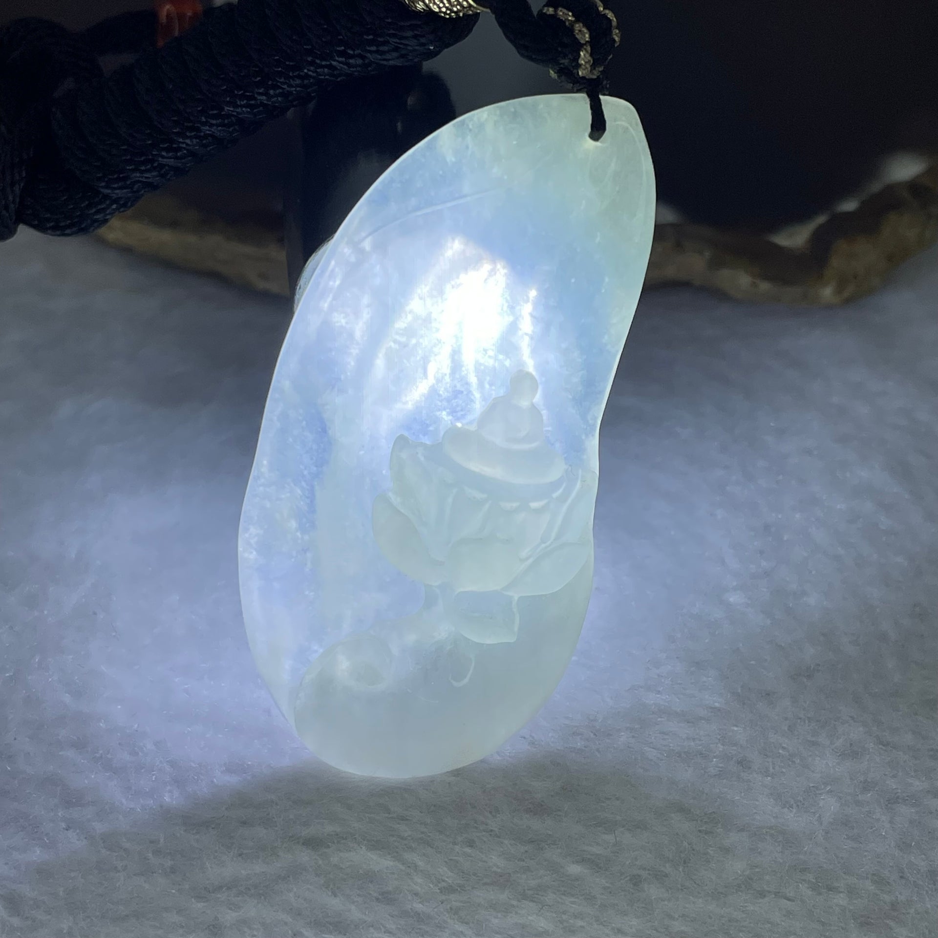 Type A Semi Icy Light Green Jadeite Benefactor on Lotus Flower Pendent 16.22g 52.1 by 26.5 by 7.9mm - Huangs Jadeite and Jewelry Pte Ltd