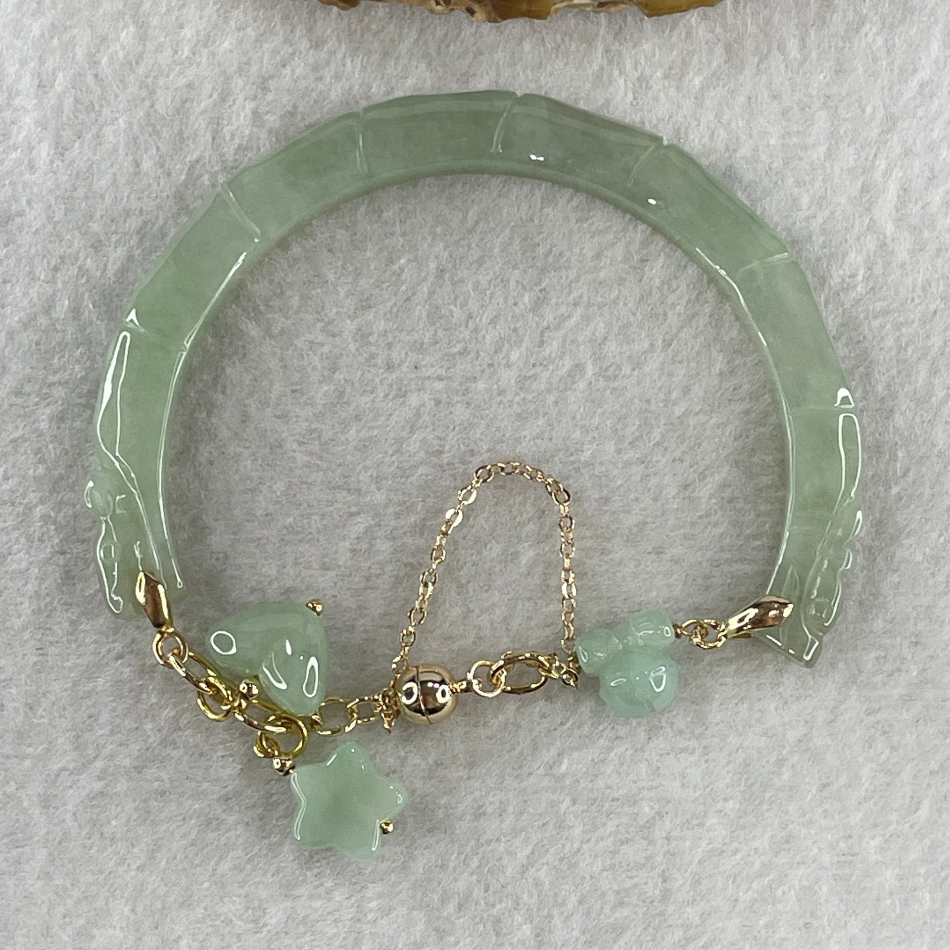 Natural Type A Jelly Light Green with Yellowish Spot Jadeite Bamboo with Double Dragon Head Bracelet 25.94g 17cm 7.2 by 8.2mm - Huangs Jadeite and Jewelry Pte Ltd