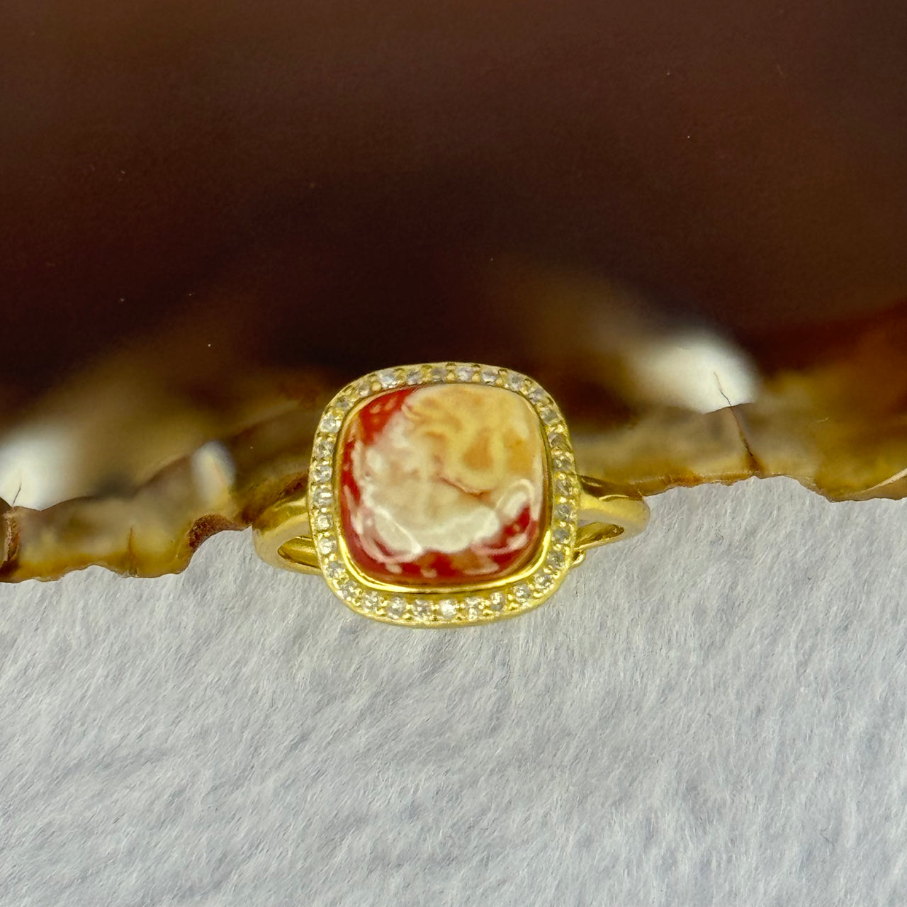 Natural Honey Yellow Amber with Milk Inclusions in S925 Sliver Gold Color Ring (Adjustable Size) 2.32g 9.7 by 9.0 by 4.0mm - Huangs Jadeite and Jewelry Pte Ltd