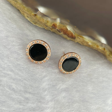 Type A Translucent Black Jadeite Round Earrings in 925 Silver with Crystals 1.90g 11.0 by 1.9mm (Rose Gold Color) - Huangs Jadeite and Jewelry Pte Ltd