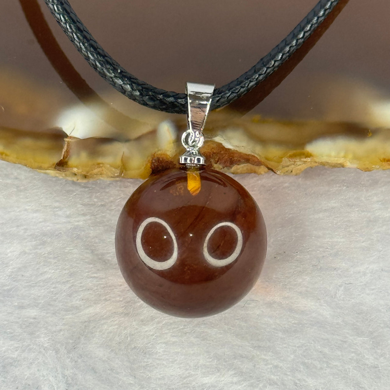 Natural Cognac with Red Amber Round Silver Pendant with String Necklace 3.44g 15.2mm - Huangs Jadeite and Jewelry Pte Ltd