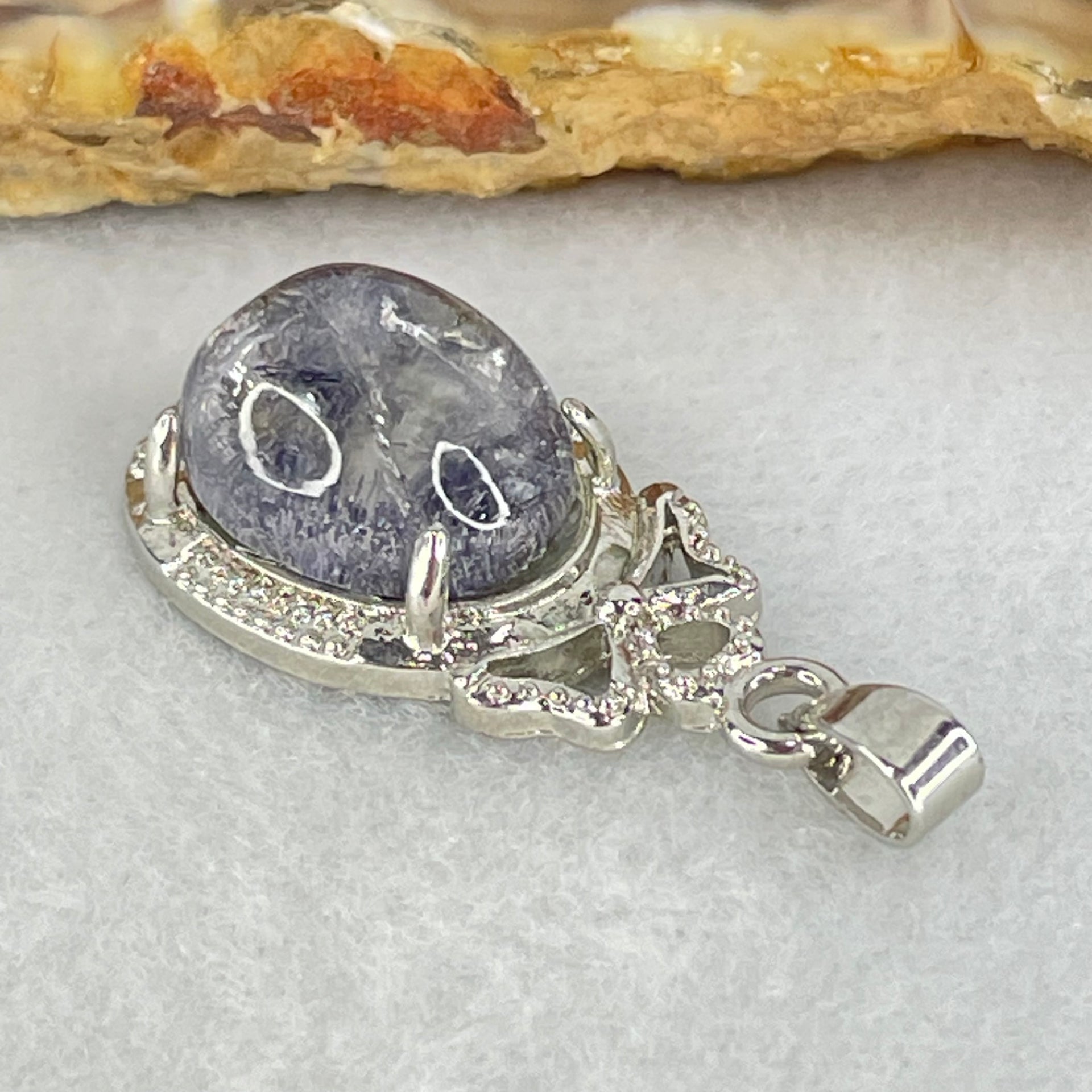 Good Grade Rare Natural Blue Dumortierite Rutilated Quartz in S925 Pendant 3.67g 12.7 by 10.9 by 7.5mm - Huangs Jadeite and Jewelry Pte Ltd