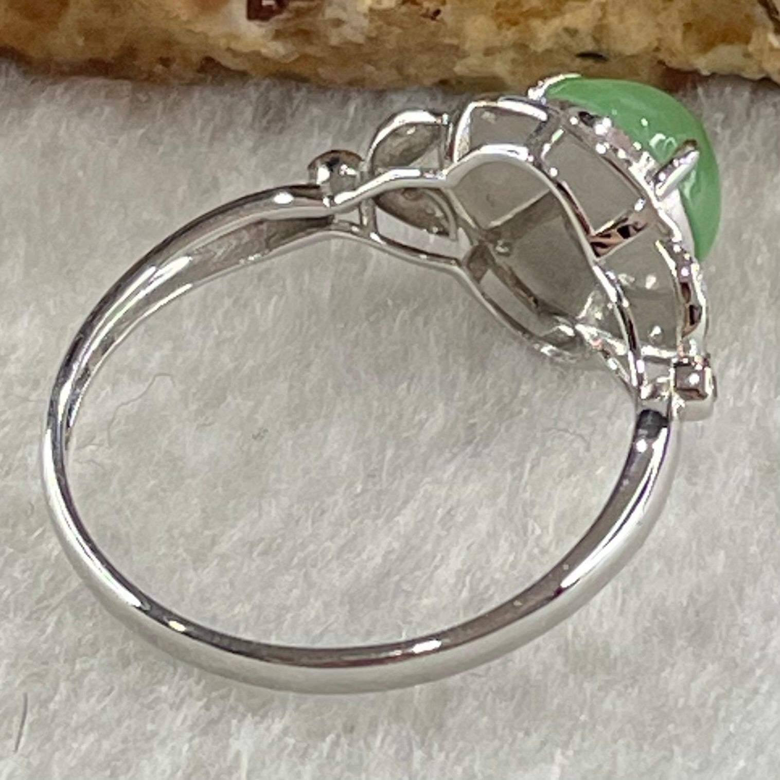 Type A Icy Light Intense Green Jadeite with Diamonds in 18K White Gold Ring 1.91g 7.3 by 4.0mm US6.7 HK14.8 - Huangs Jadeite and Jewelry Pte Ltd