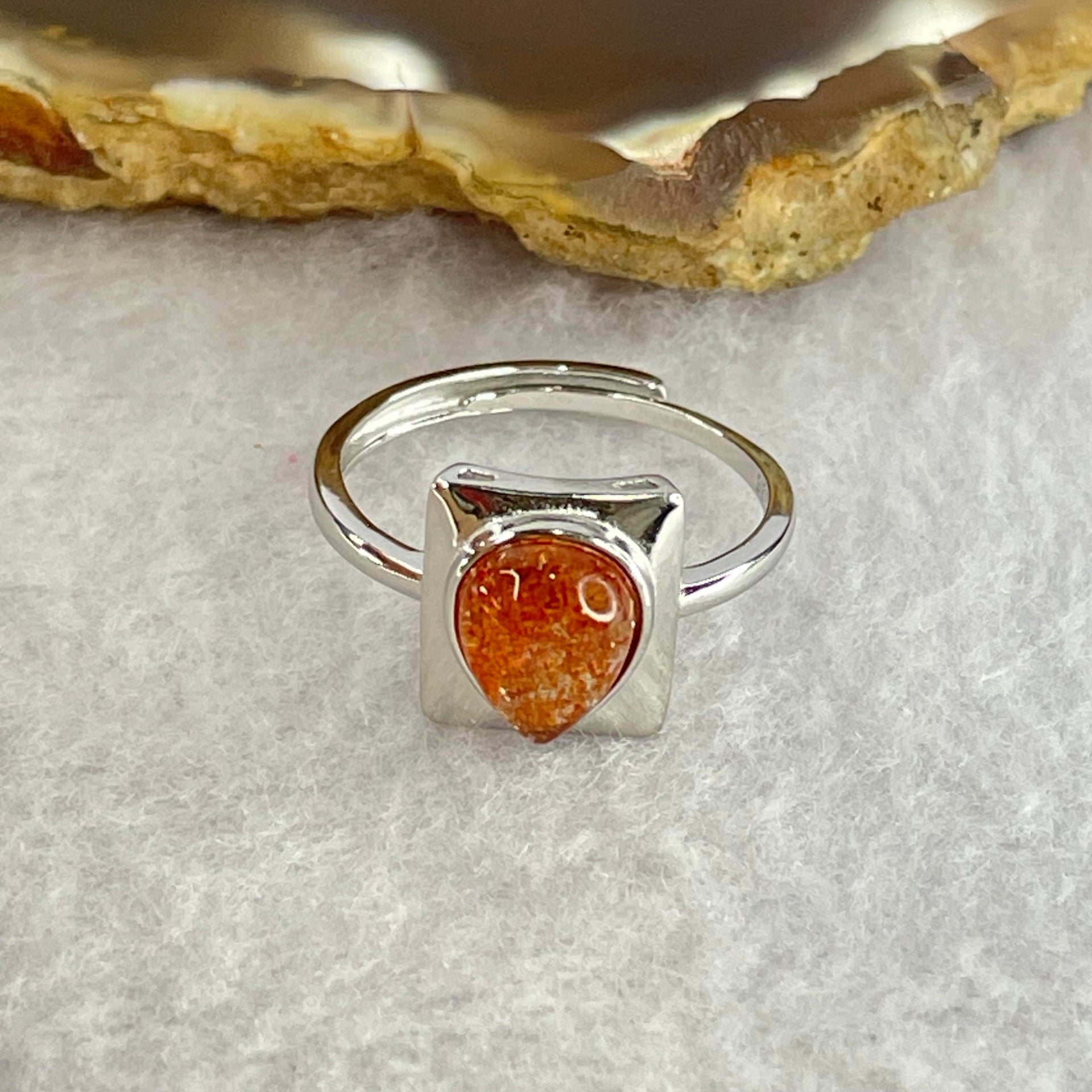 Good Grade Natural Golden Sun Stone in S925 Silver Ring (Adjustable Size) 2.21g 8.9 by 6.8 by 3.5mm - Huangs Jadeite and Jewelry Pte Ltd