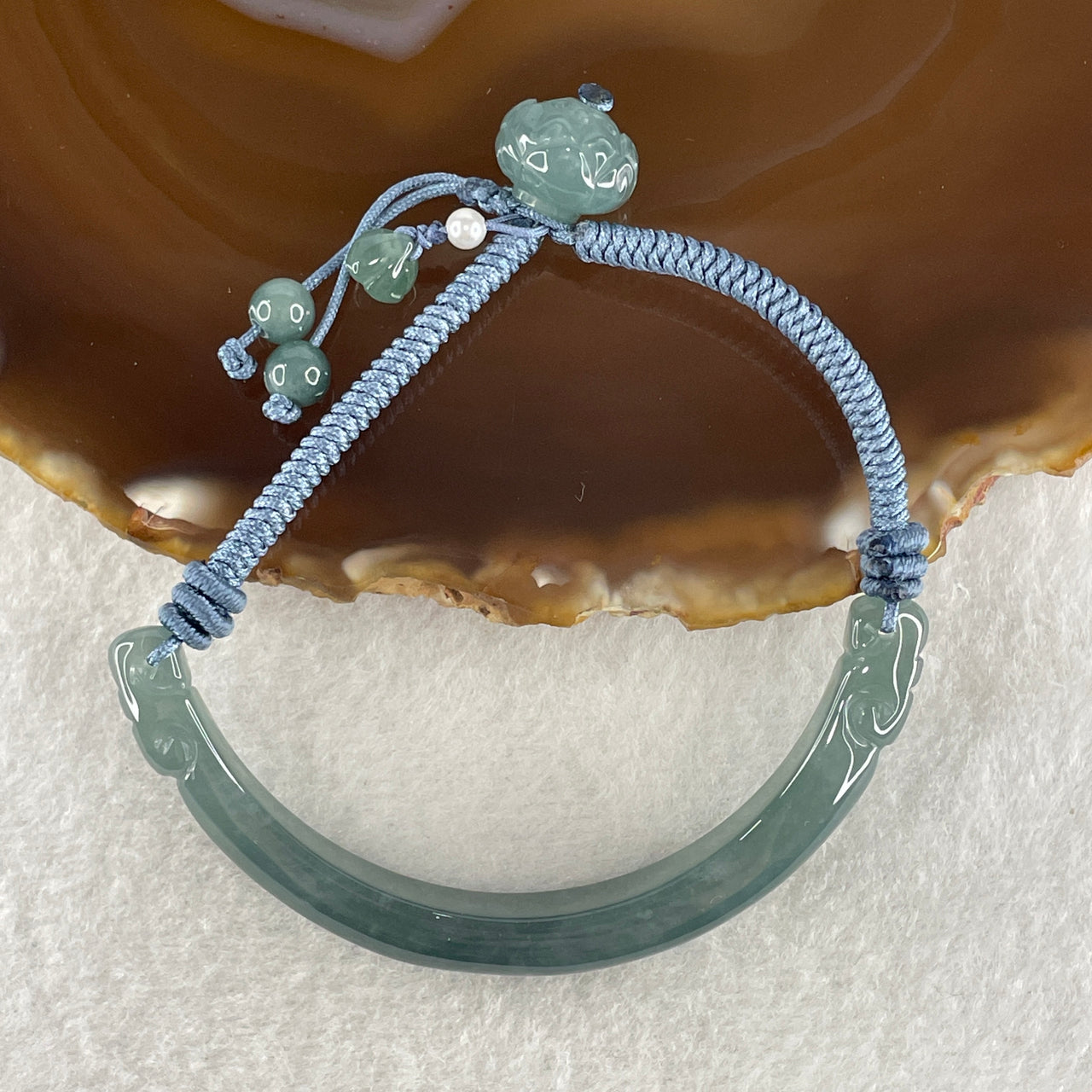 Natural Type A Jelly Blueish Green Jadeite Double Ruyi with Lotus Bracelet 15.53g 16cm 8.3 by 6.1mm - Huangs Jadeite and Jewelry Pte Ltd