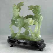 Natural Green Serpentine Double Victory Horses with Wooden Stand Display 1,339.7g 198.0 by 193.0 by 120.0mm - Huangs Jadeite and Jewelry Pte Ltd
