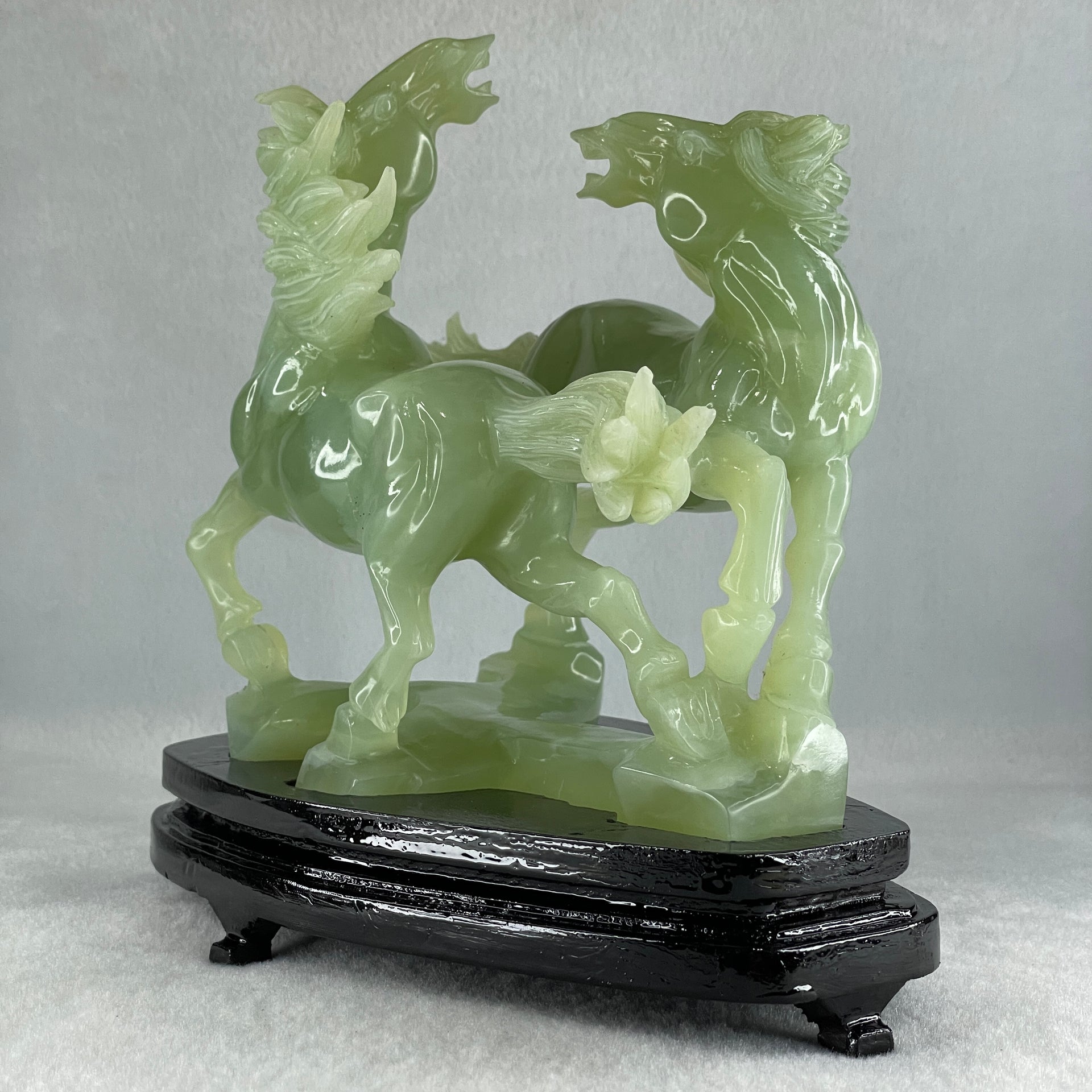 Natural Green Serpentine Double Victory Horses with Wooden Stand Display 1,339.7g 198.0 by 193.0 by 120.0mm - Huangs Jadeite and Jewelry Pte Ltd