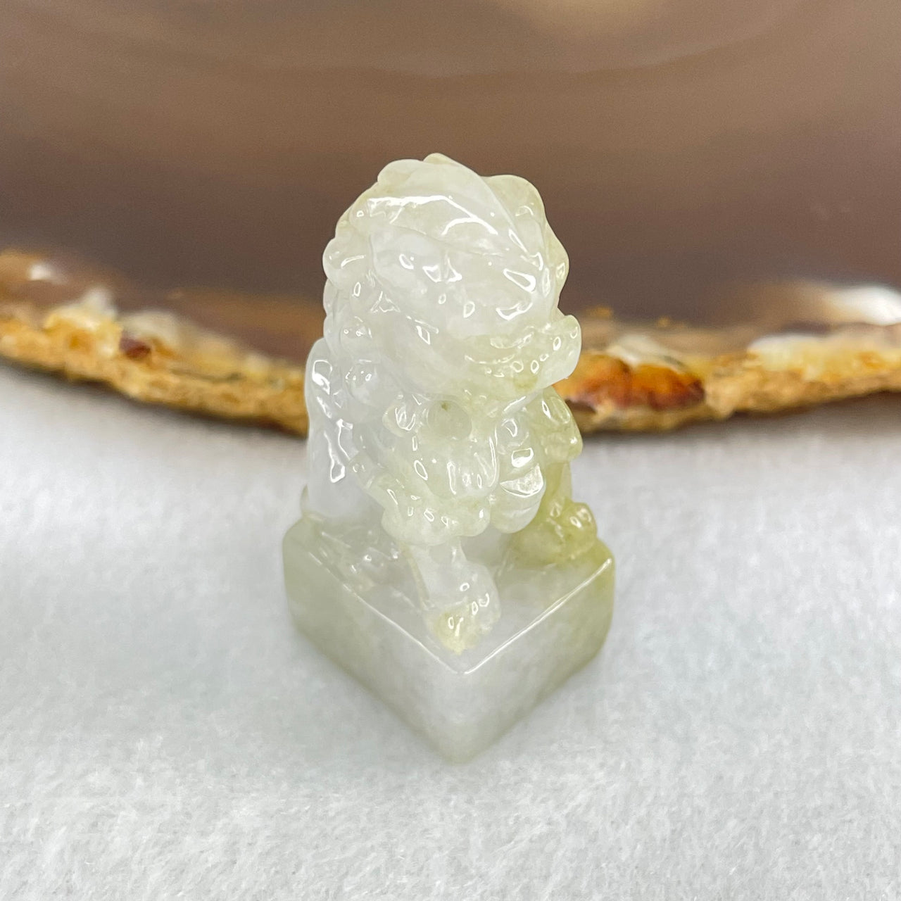 Type A Greyish Lavender and Yellowish Green Jadeite Fu Dog Seal Display 18.16g 37.1 by 16.7 by 14.5mm - Huangs Jadeite and Jewelry Pte Ltd
