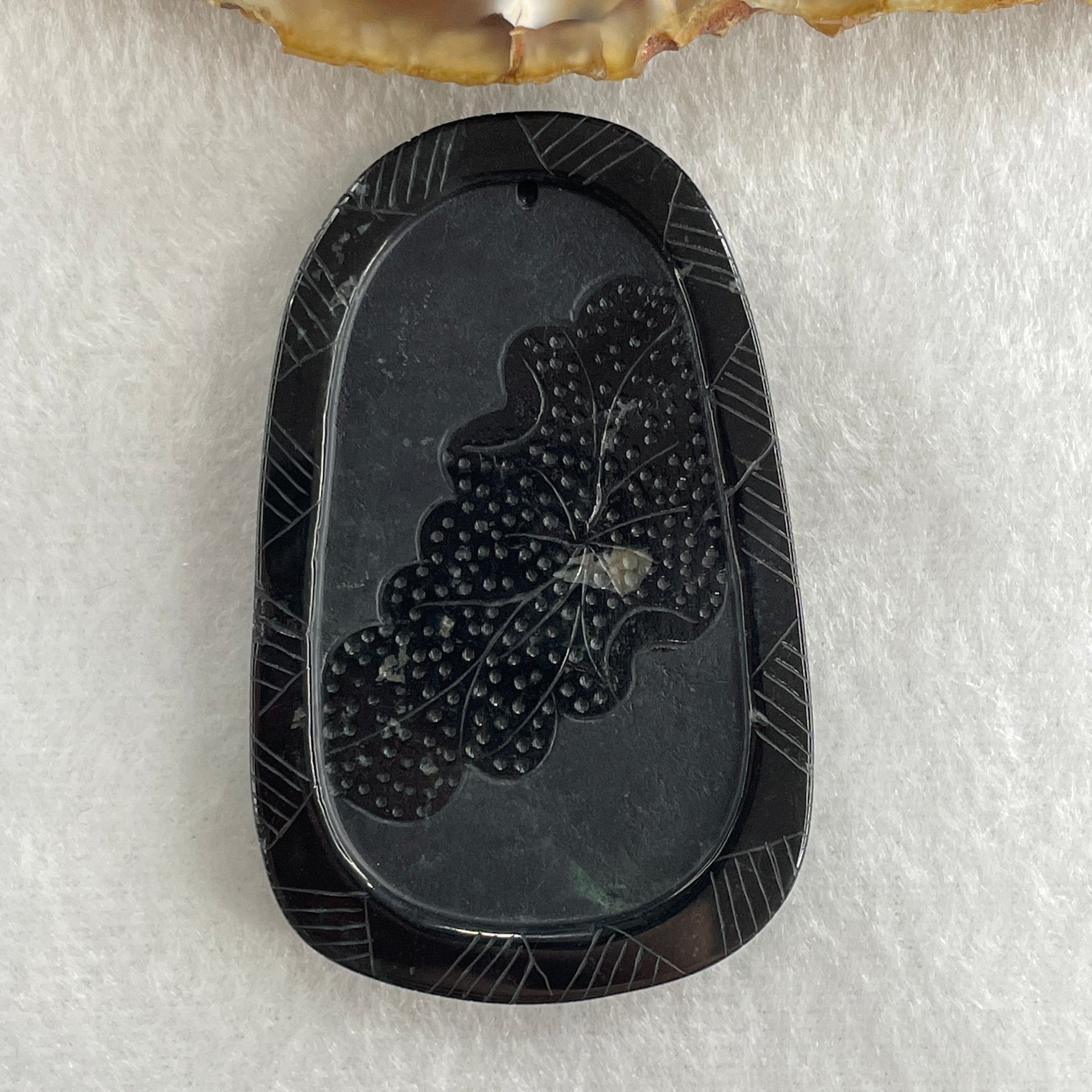 Type A Opaque to Partial Translucent Black Omphacite Jadeite Eagle Fish and Lotus Leaf Pendant 29.55g 60.1 by 38.1 by 8.0mm - Huangs Jadeite and Jewelry Pte Ltd