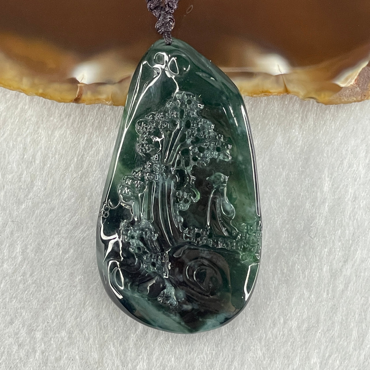 Grand Master Type A Icy Old Mine Spicy Green Jadeite Shan Shui with Gui Ren Double Side Pendant 22.57g 50.3 by 29.0 by 9.1mm