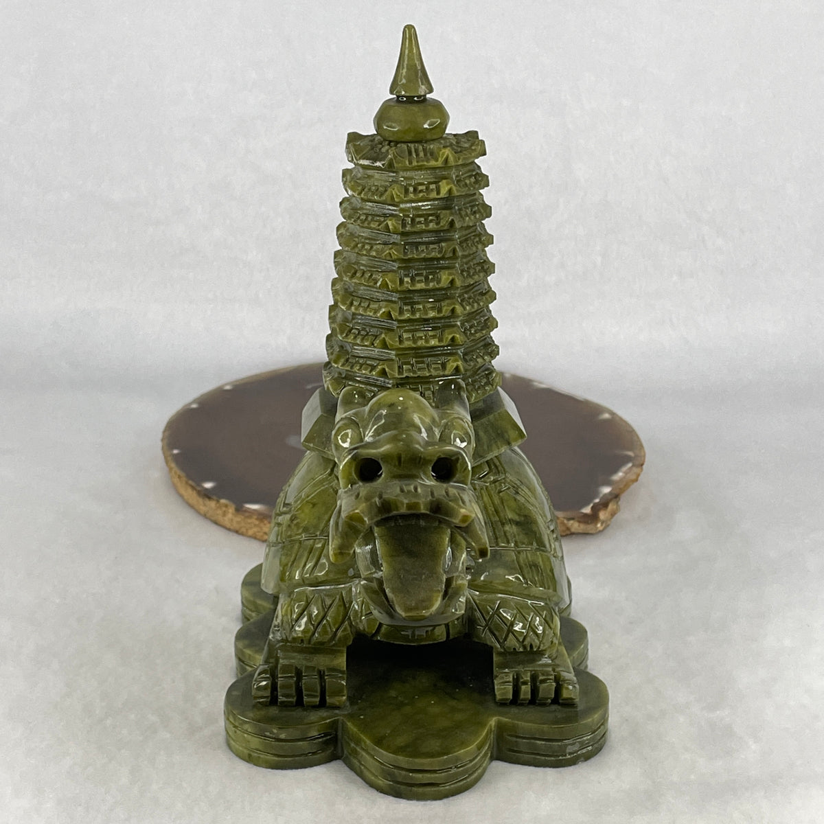 Natural Green Serpentine Pagoda on Dragon Turtle Carving Display | Certified Untreated Carved Gemstone Sculpture (1,276.4g | 175.0 x 92.0 x 175.0mm)
