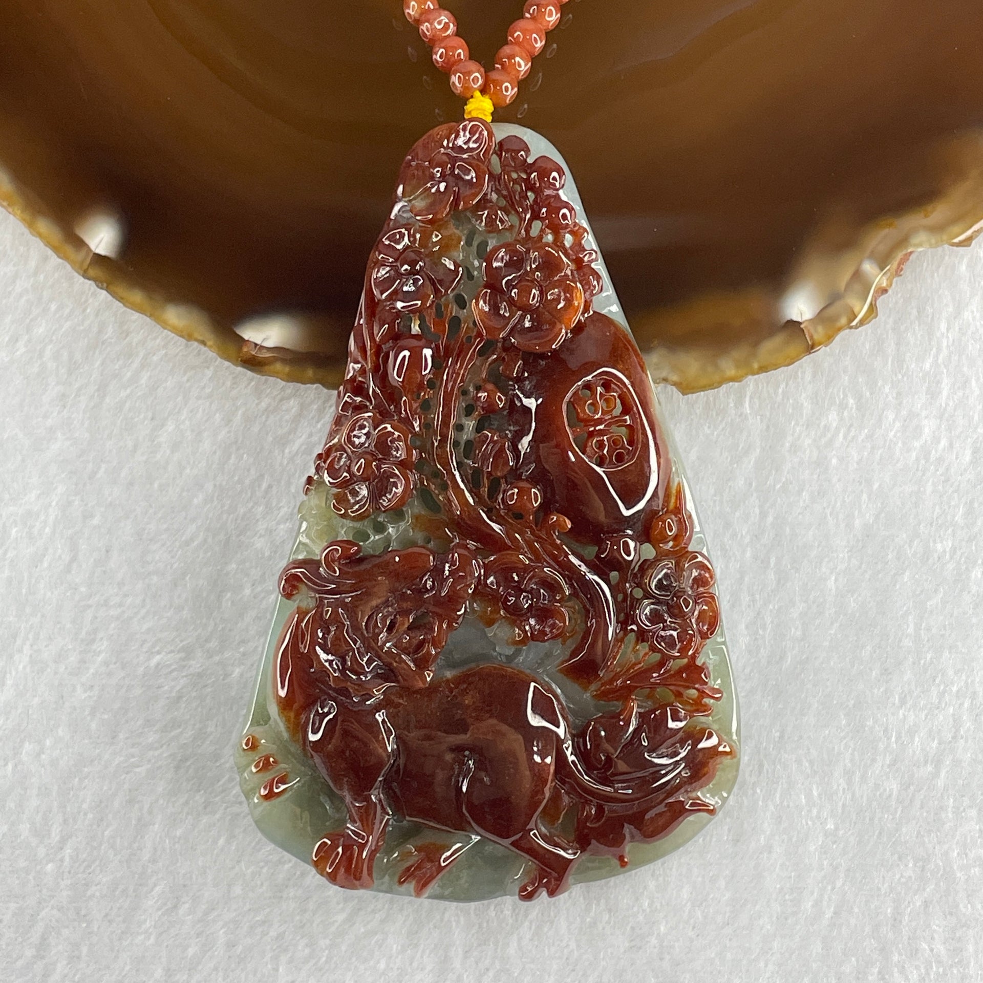 Grand Master Type A Brownish Red with Green Jadeite Tiger with Flower Double Side Pendant 117.50g 84.0 by 54.6 by 16.9mm - Huangs Jadeite and Jewelry Pte Ltd