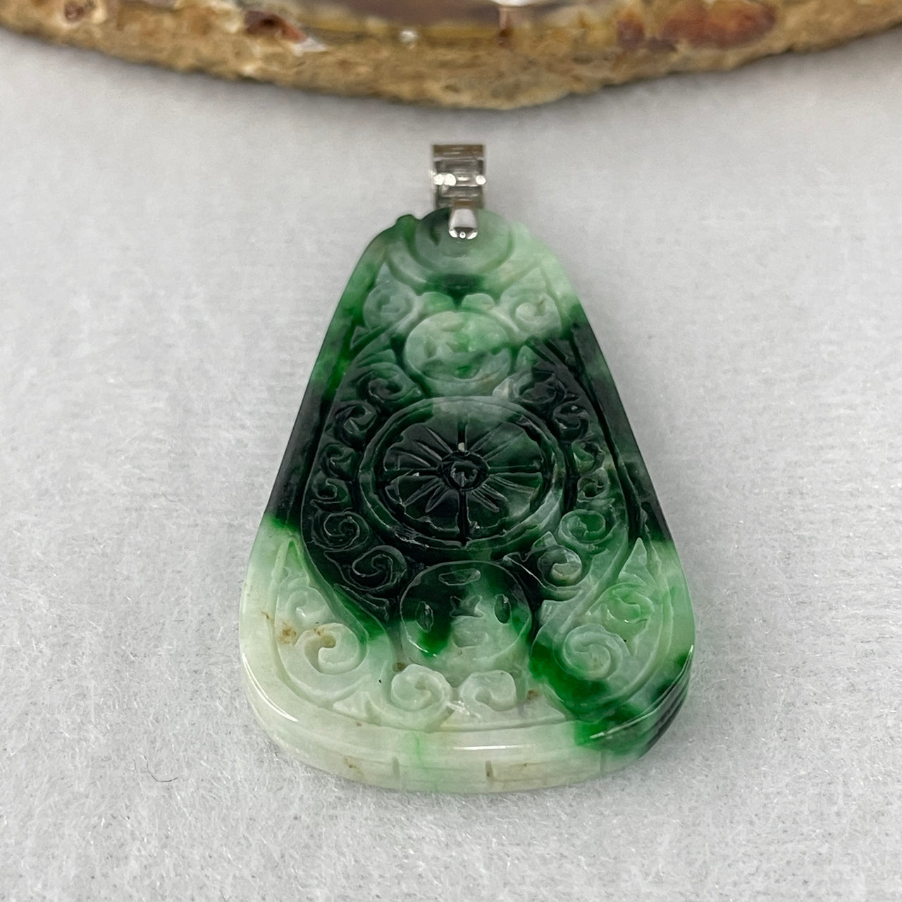 Certified Natural Type A Multi-Tone Green, Old Mine & Spicy Green Piao Hua Jadeite Flower Pendant | "Fu" Blessing & Wealth Coin Motif | Authentic Myanmar Feicui Infinite Abundance & Sovereign Good Fortune Amulet (11.85g | 45.0x26.9x4.3mm)