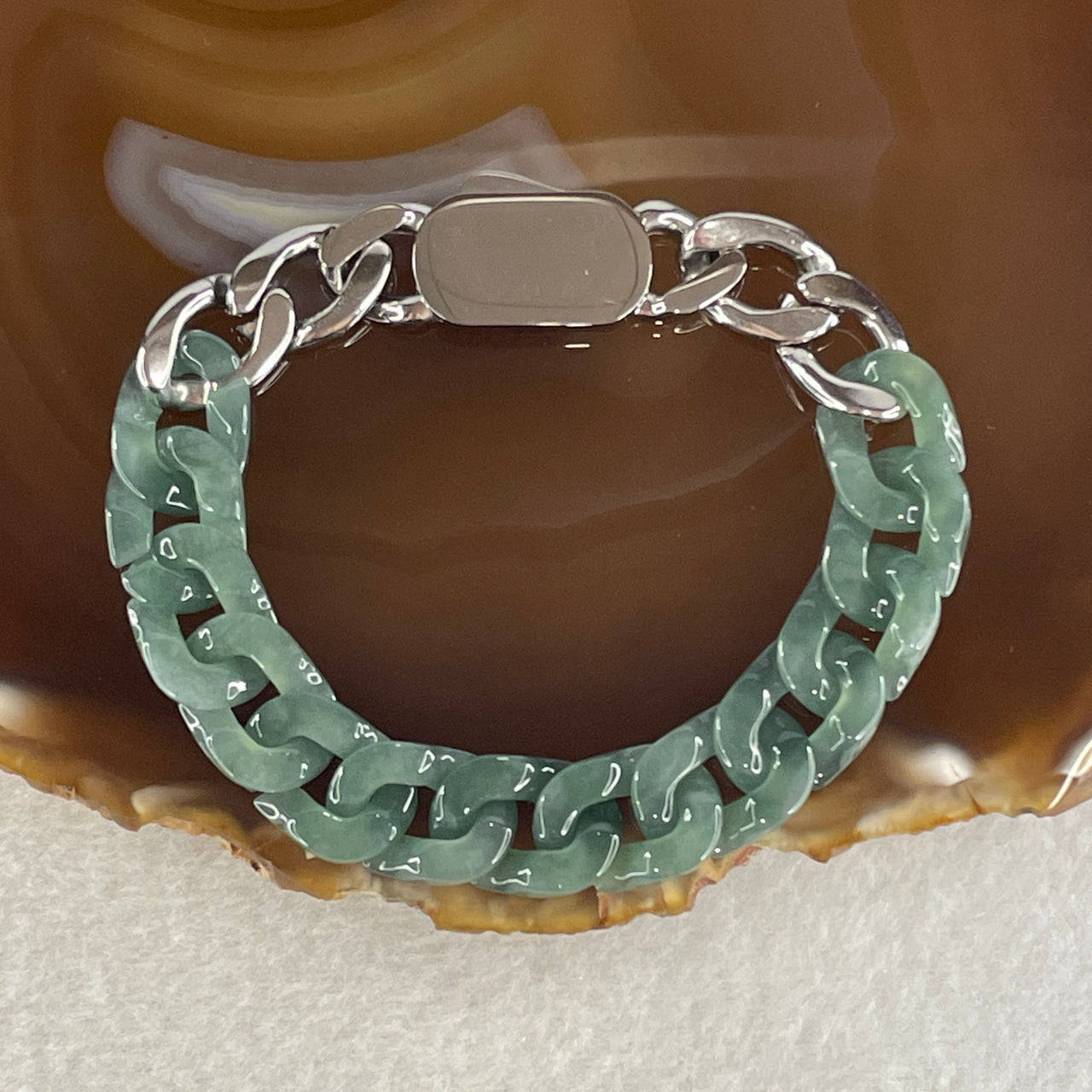 Certified Natural Type A Semi Icy Blueish Green Jadeite Cuban Tennis Bracelet with Metal Clasp 30.86g 17.5cm 12.6 by 17.4 by 3.5mm 13 Pcs - Huangs Jadeite and Jewelry Pte Ltd