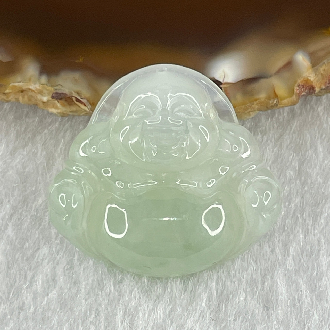 Natural Type A Semi Icy Faint Sky Blue to White Jadeite Milo Laughing Buddha Pendant 6.75g 24.3 by 26.2 by 7.7mm
