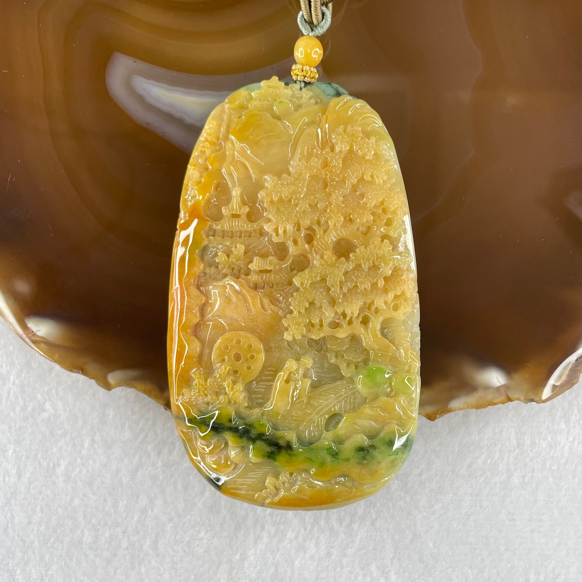 Grandmaster Type A Yellowish Brown with Green and Lavender Patches Jadeite Shan Shui with Double Benefactor 禅悟 Pendant 98.00g 81.3 by 47.3 by 10.5mm - Huangs Jadeite and Jewelry Pte Ltd